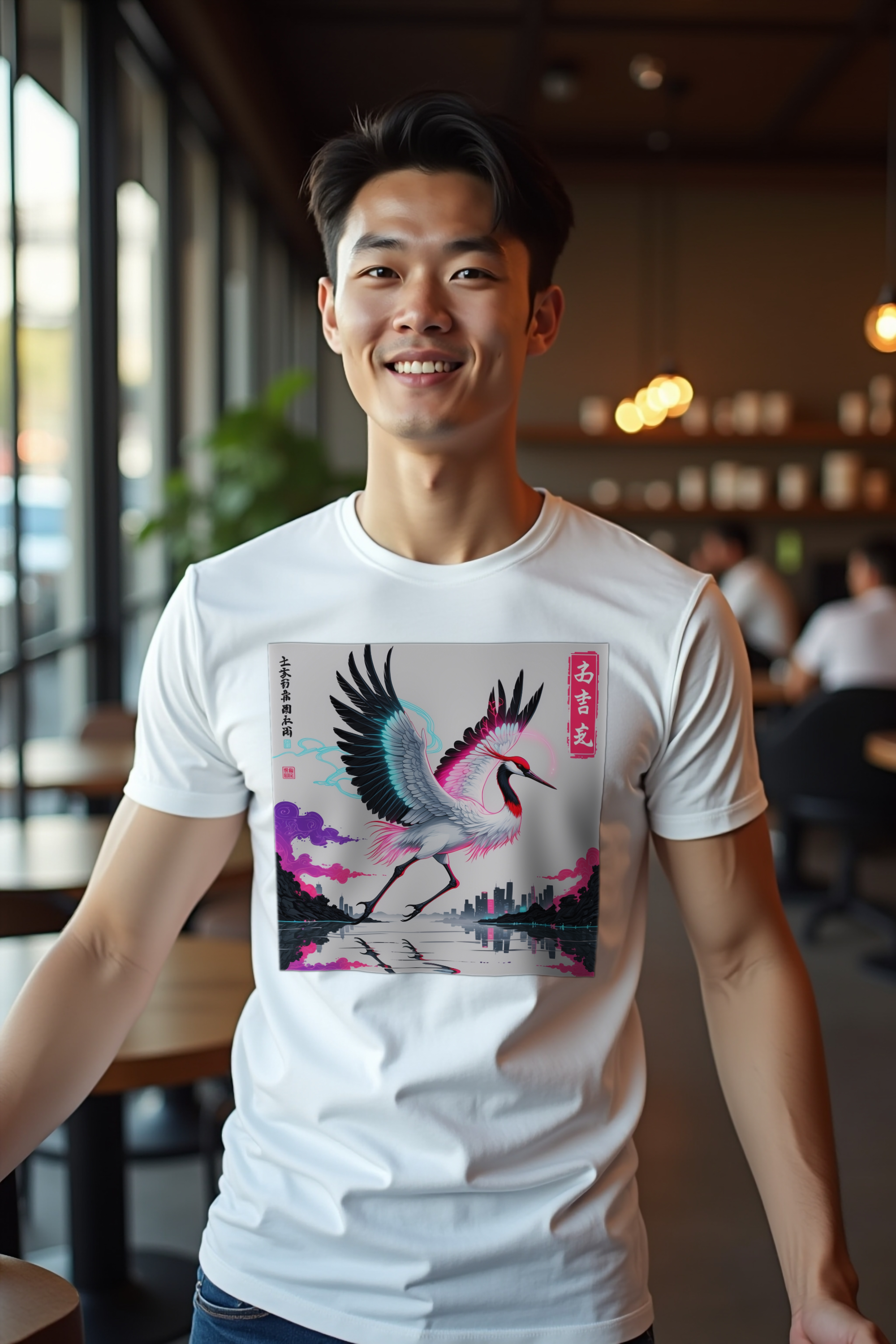 Crane Cityscape T-Shirt White Arms Extended Front