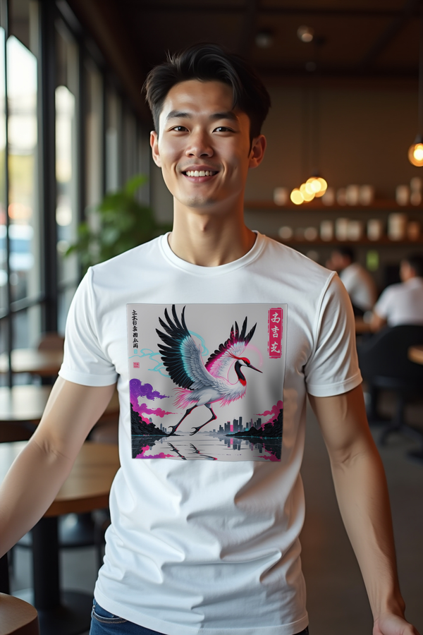 Crane Cityscape T-Shirt White Arms Extended Front