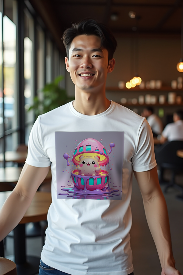 Tamagotchi Phantom tee mockup white front arms extended