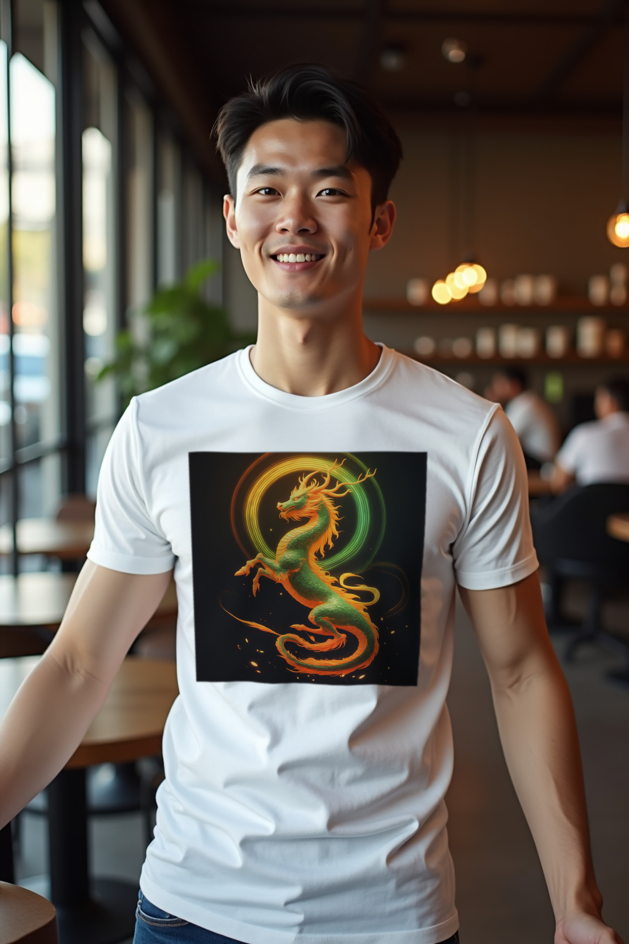 Ancient Flex Qilin white t-shirt arms extended front