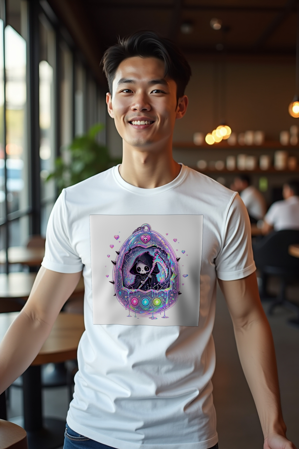 Tamagotchi Reaper tee - white mannequin arms extended