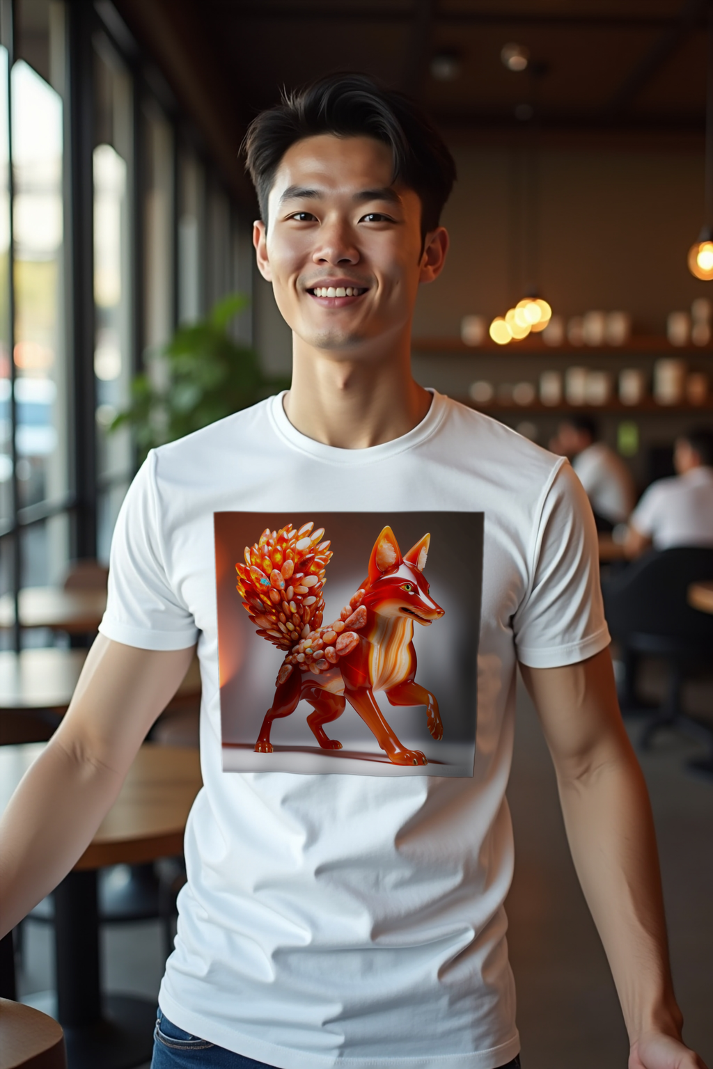 Carnelian Fox t-shirt - white, arms extended out, front left 45