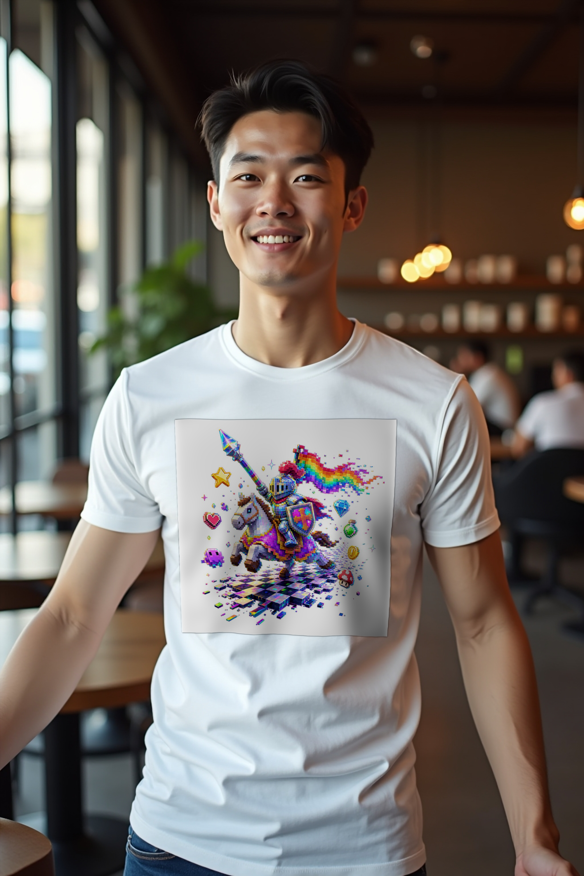 Pixel Knight on Pixel Steed White t-shirt mockup front