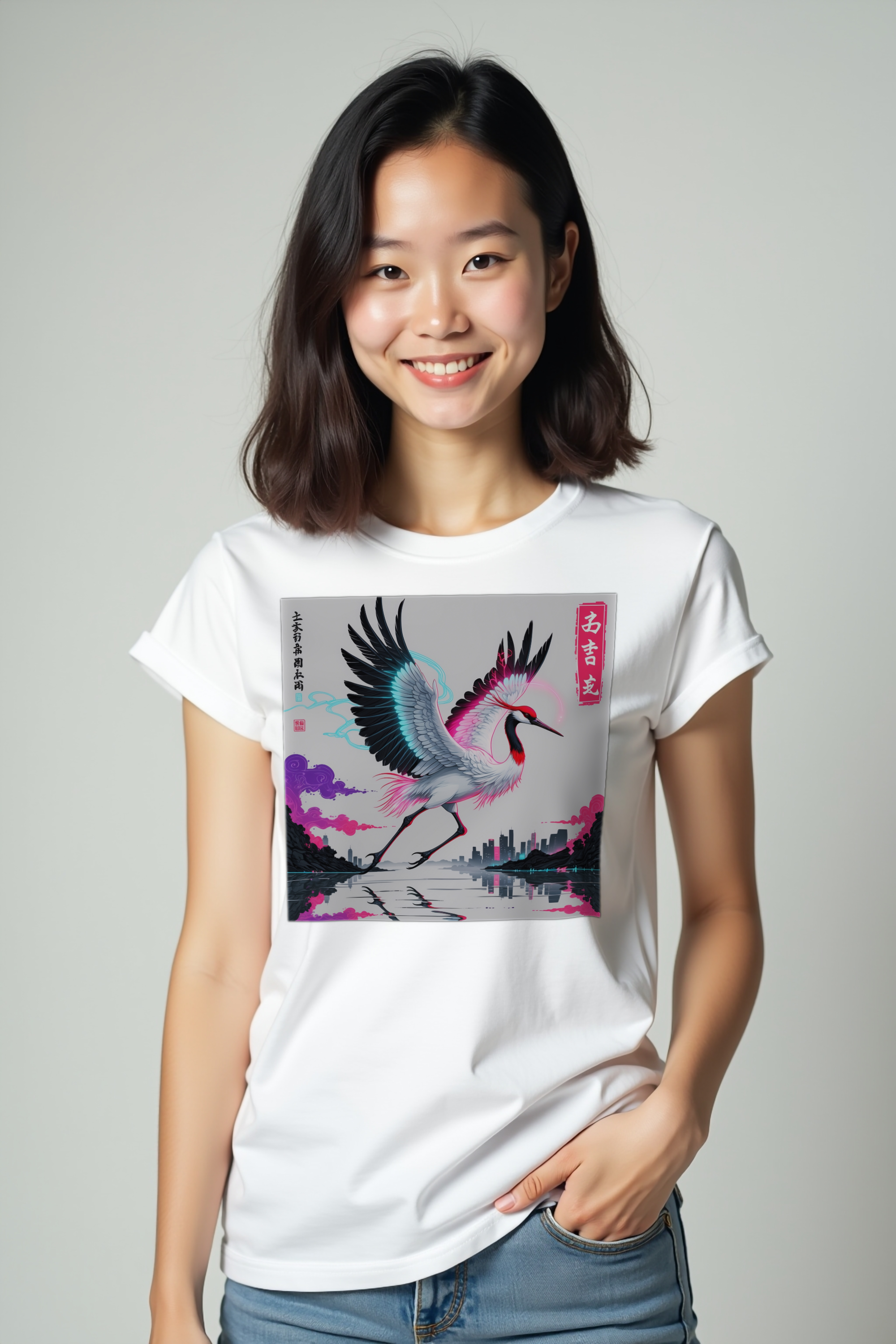 Crane Cityscape T-Shirt White Hands Pockets Front