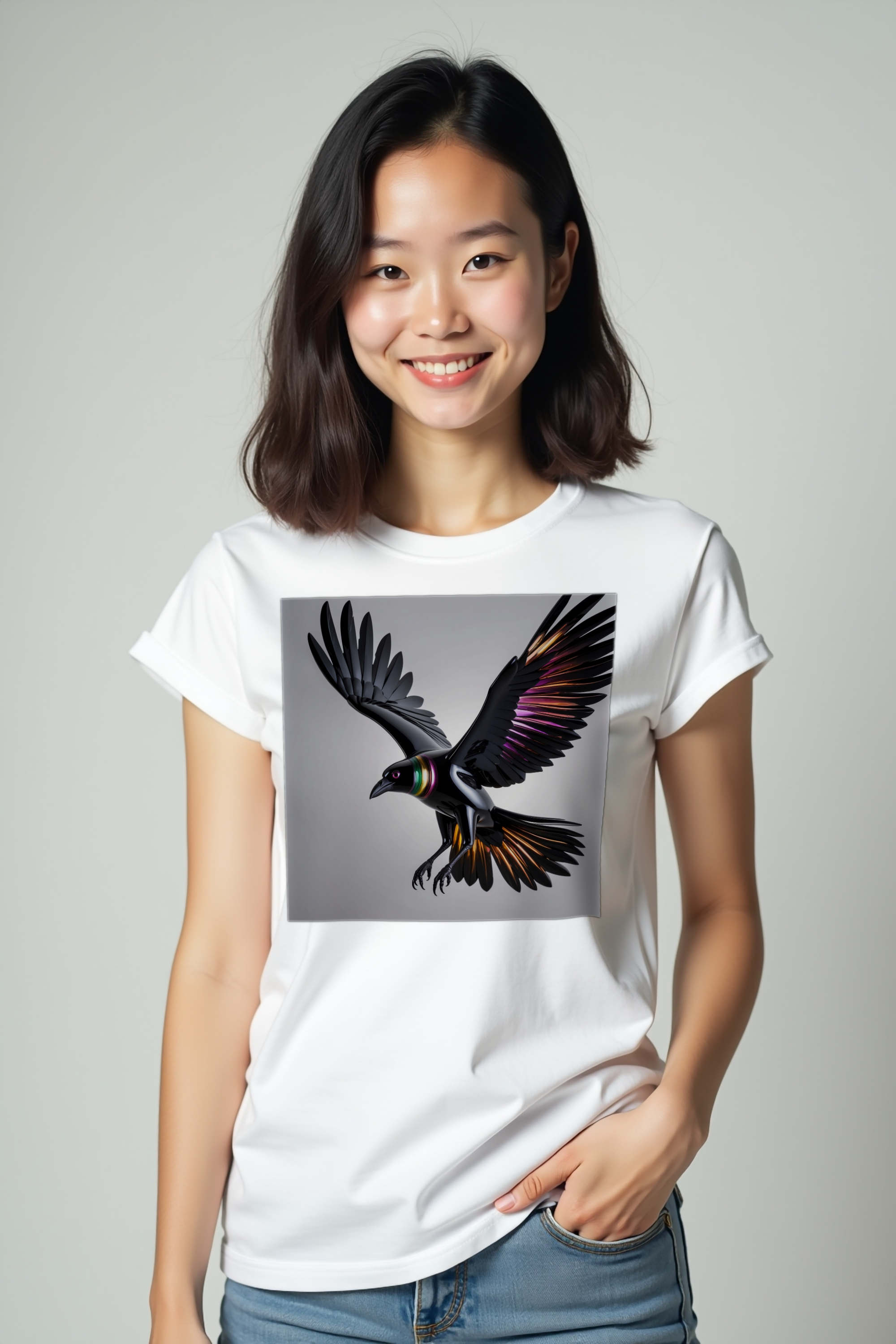 Obsidian Raven T-Shirt - white front pockets