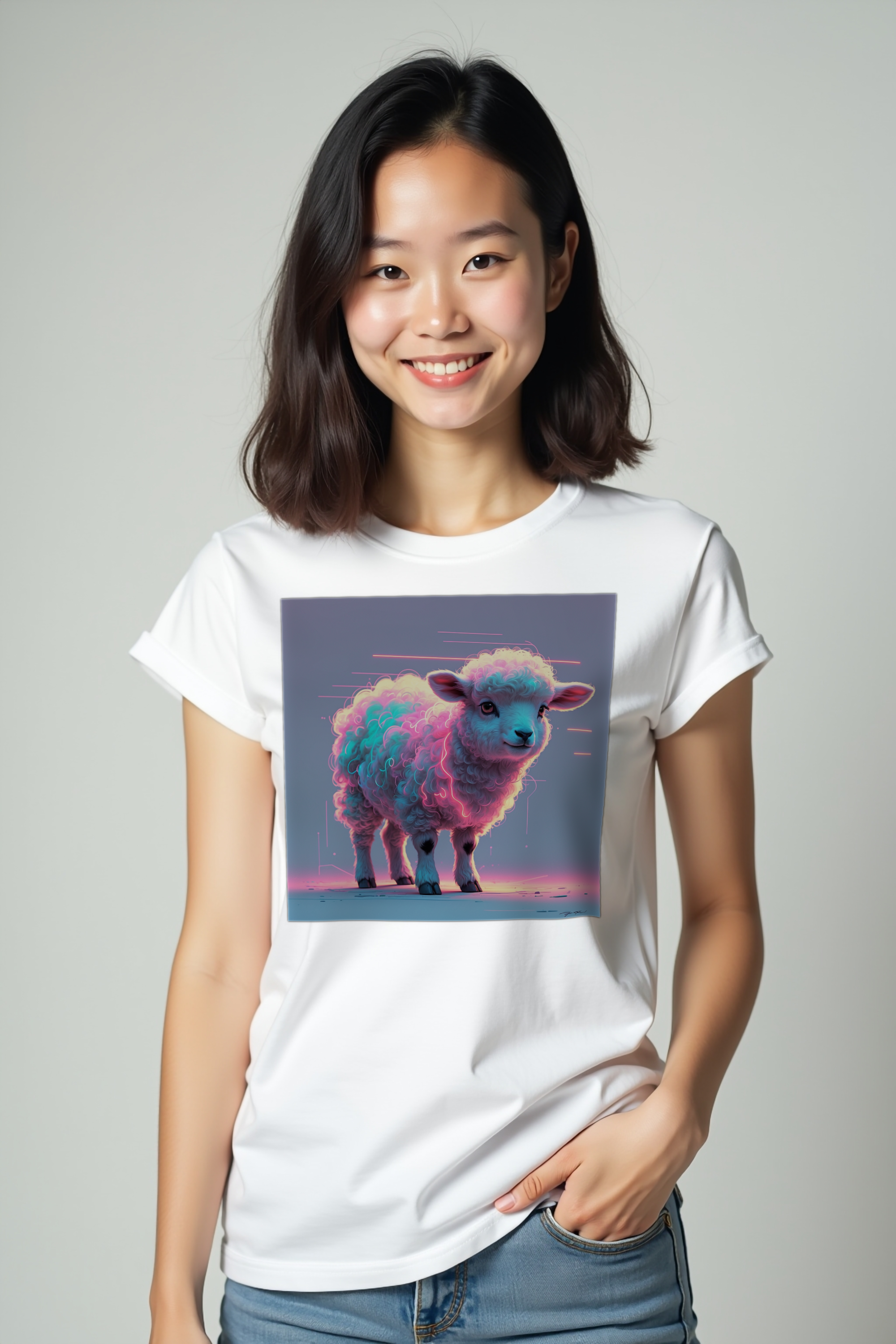 Static Lamb Tee White Front Hands Pockets
