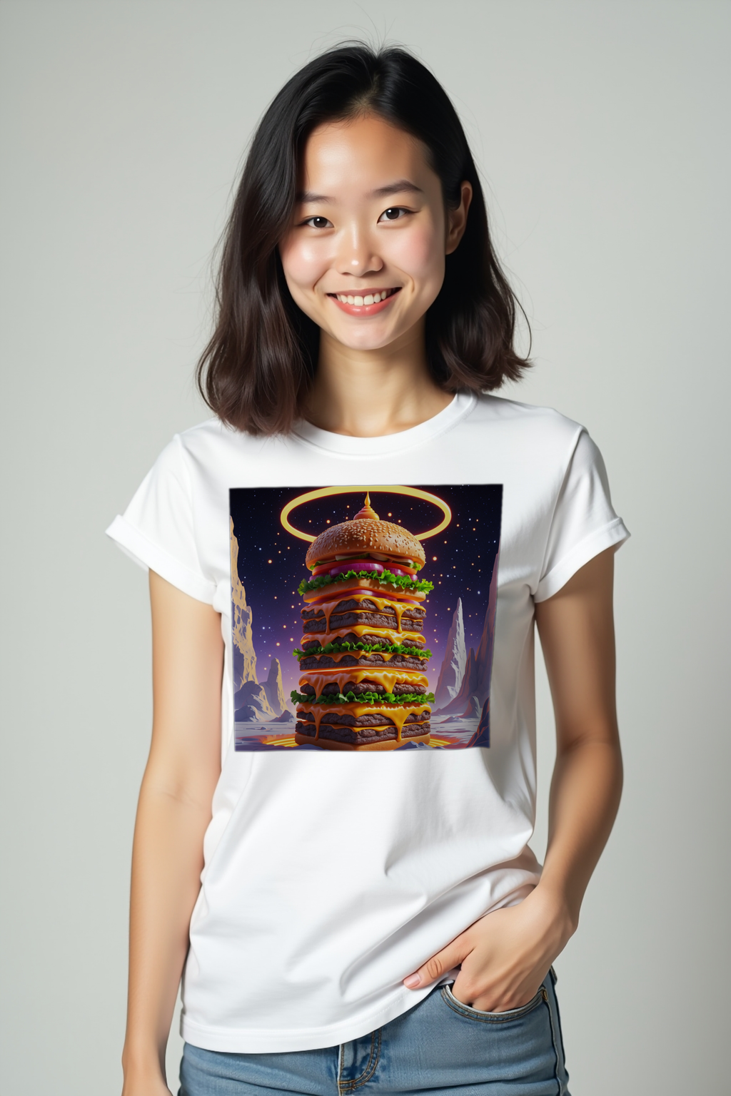 Fractal Cheeseburger Tee White hands in pockets front