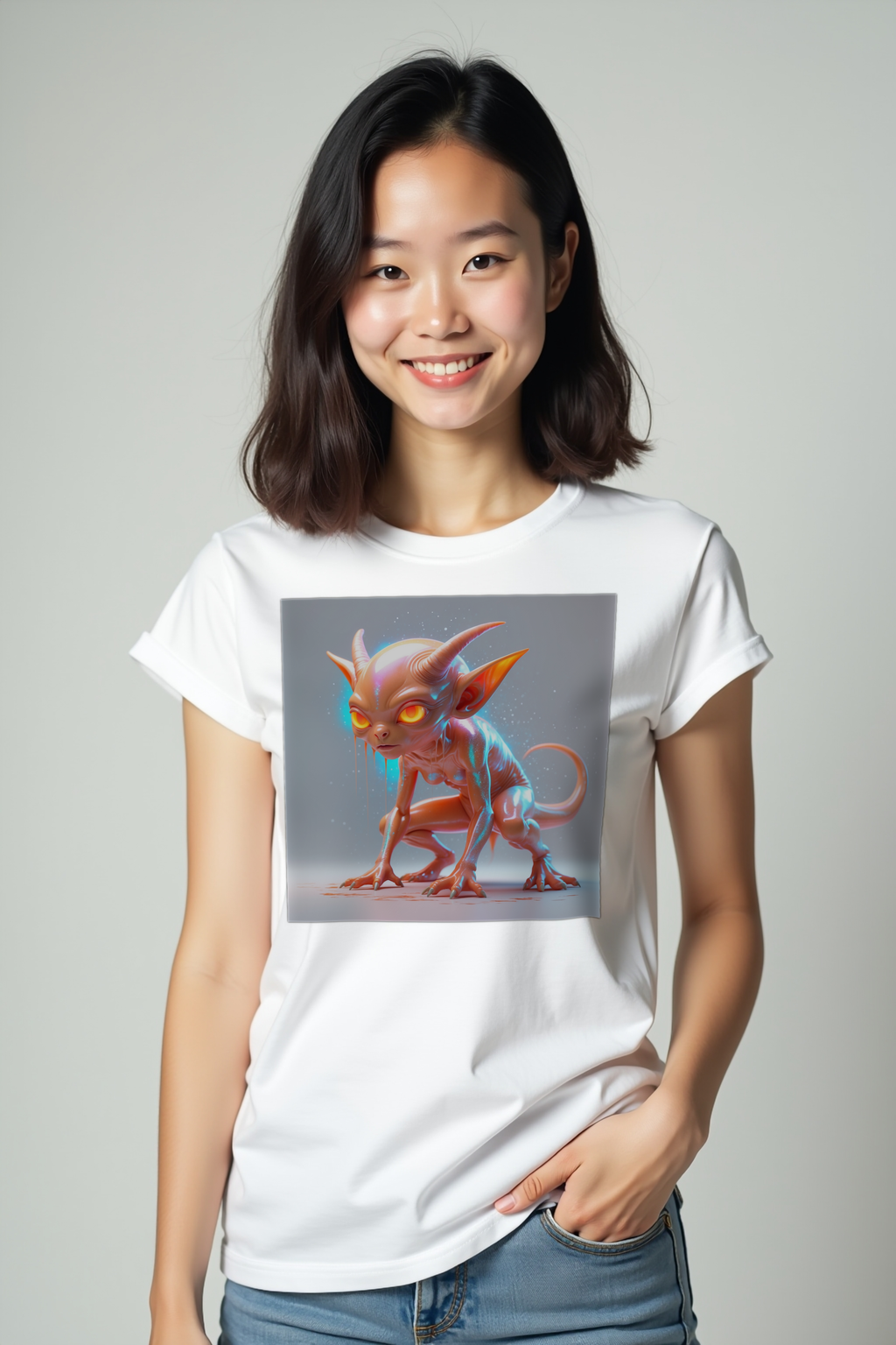 Dover Demon Tee - white mockup, hands in pockets front 3/4
