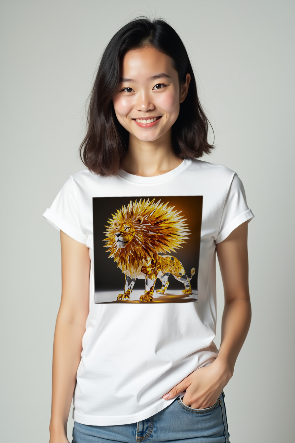 Citrine Lion Tee White Front Pockets