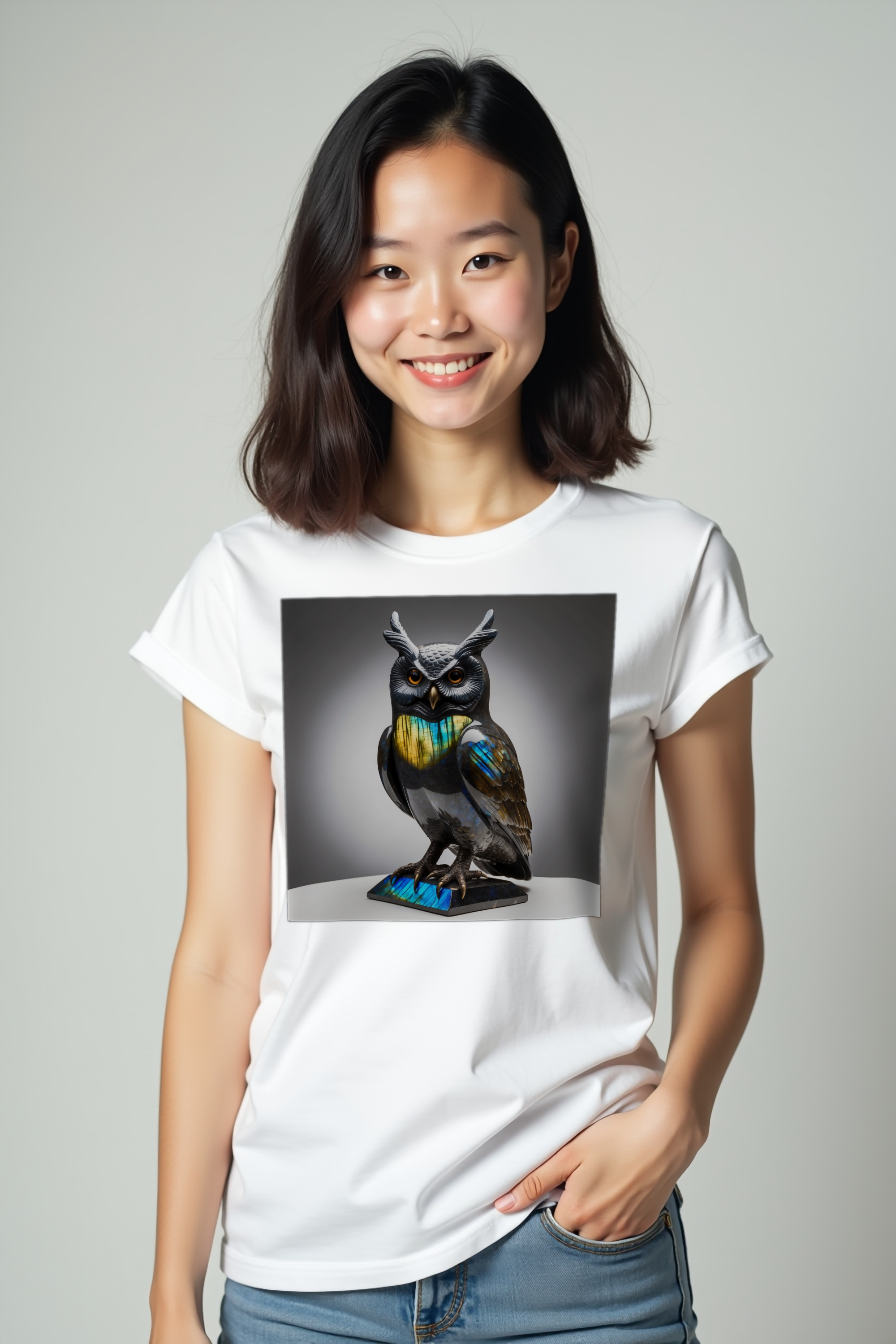 Labradorite Owl tee white front left pockets