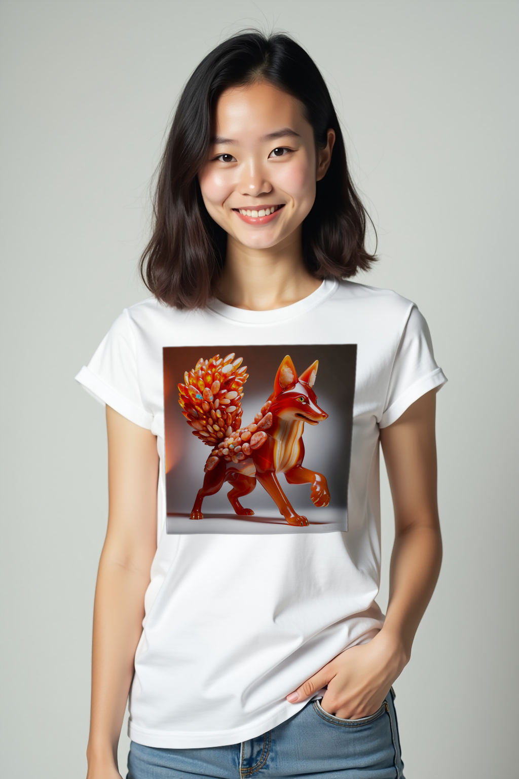 Carnelian Fox t-shirt - white, hands in pockets, front left 45