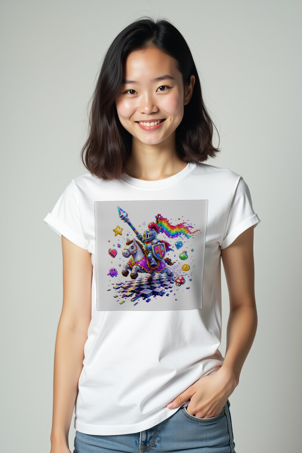Pixel Knight on Pixel Steed White t-shirt mockup front