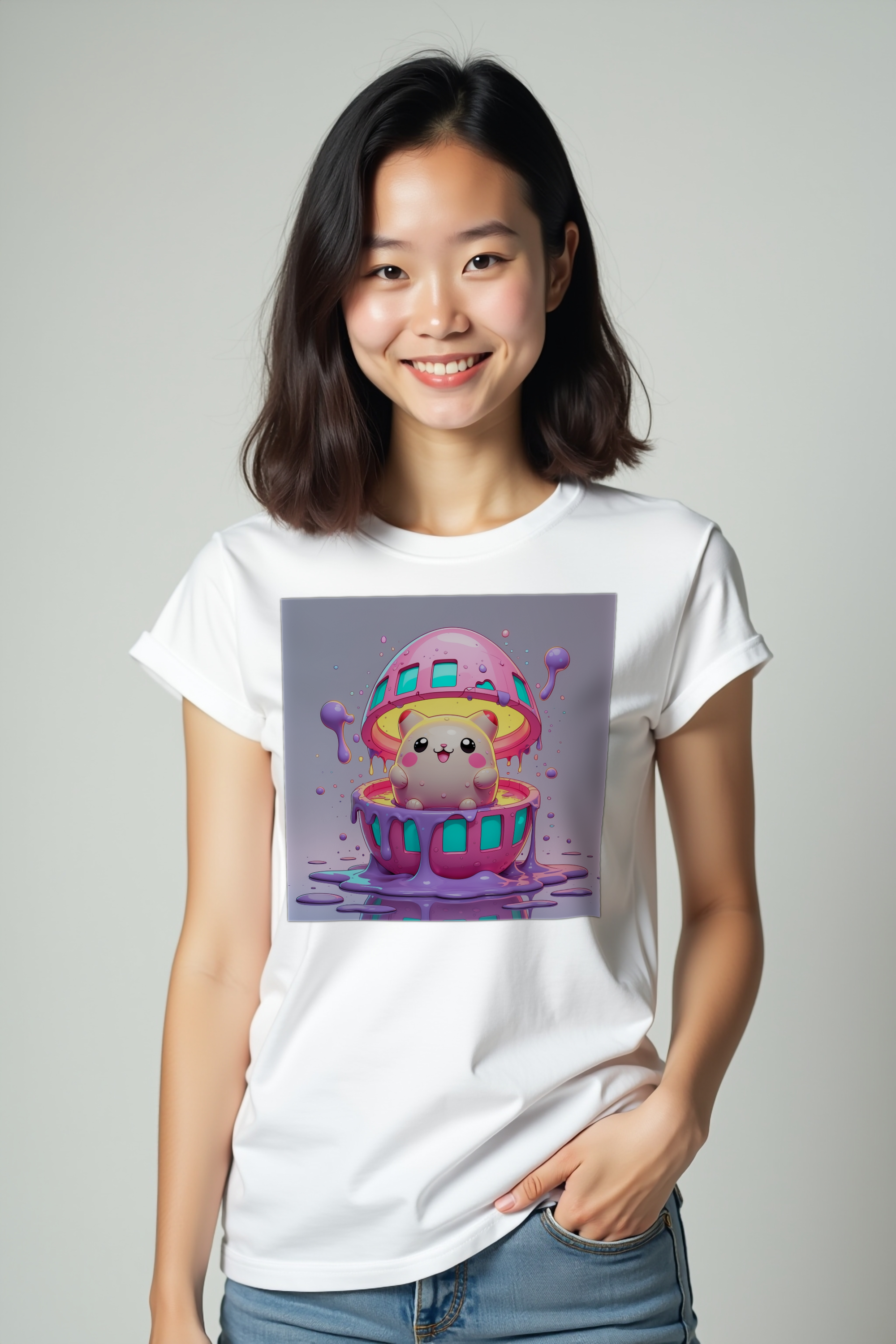 Tamagotchi Phantom tee mockup white front hands in pockets