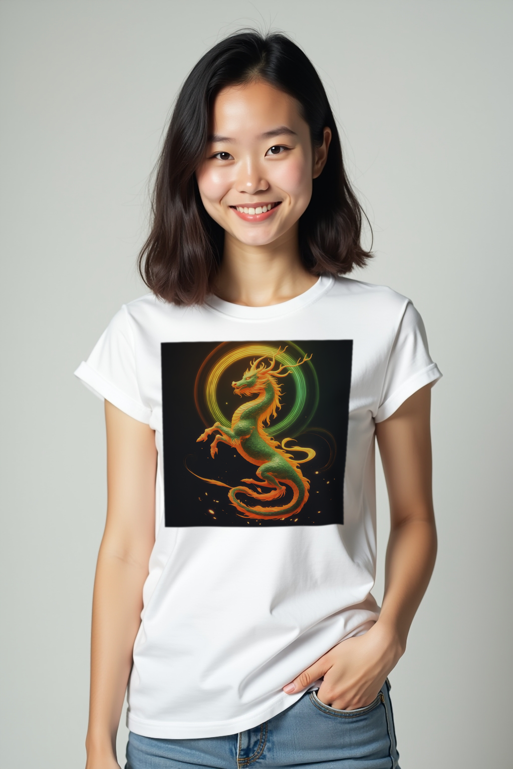 Ancient Flex Qilin white t-shirt hands in pockets front