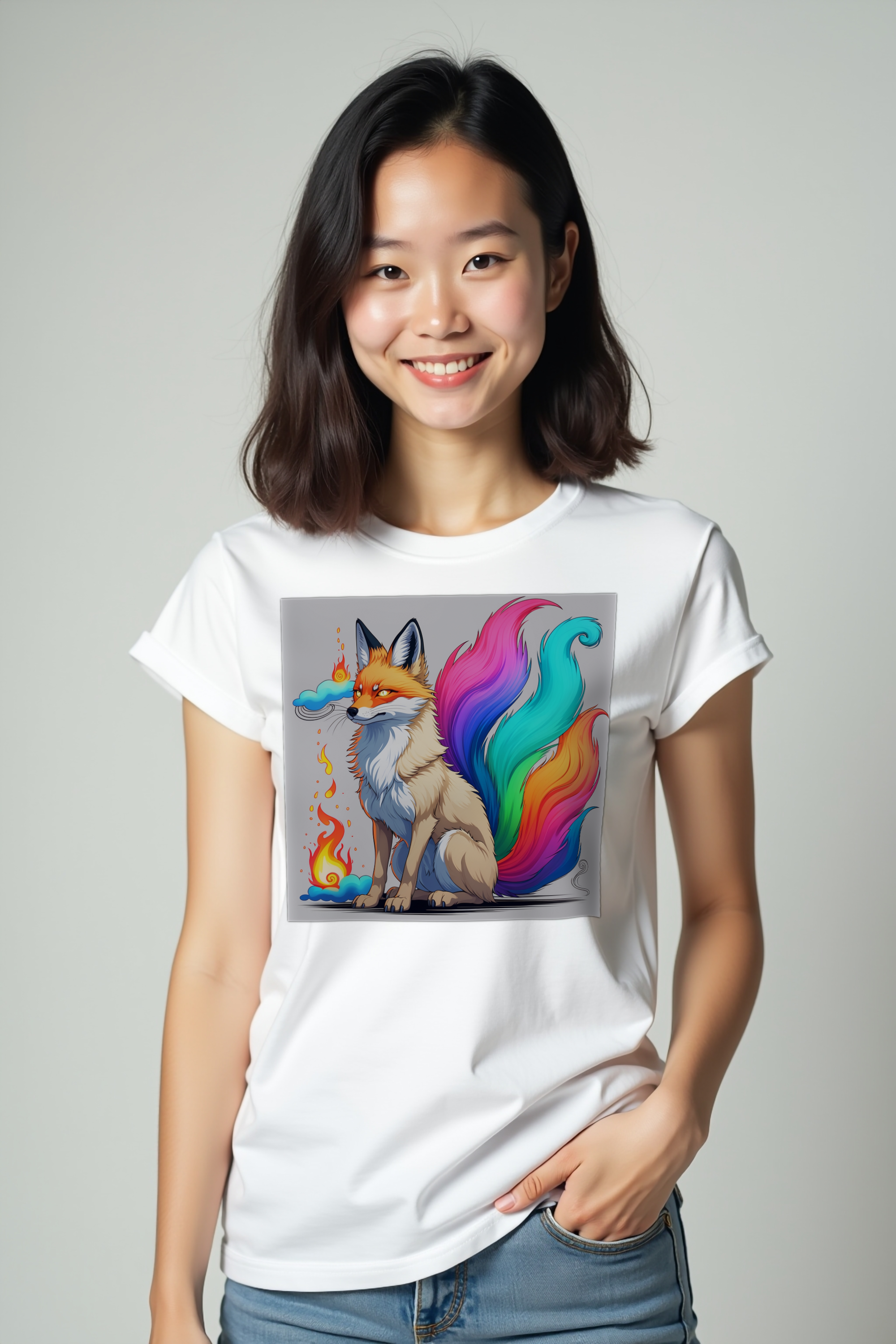 Kitsune Spirit tee white front-left pockets