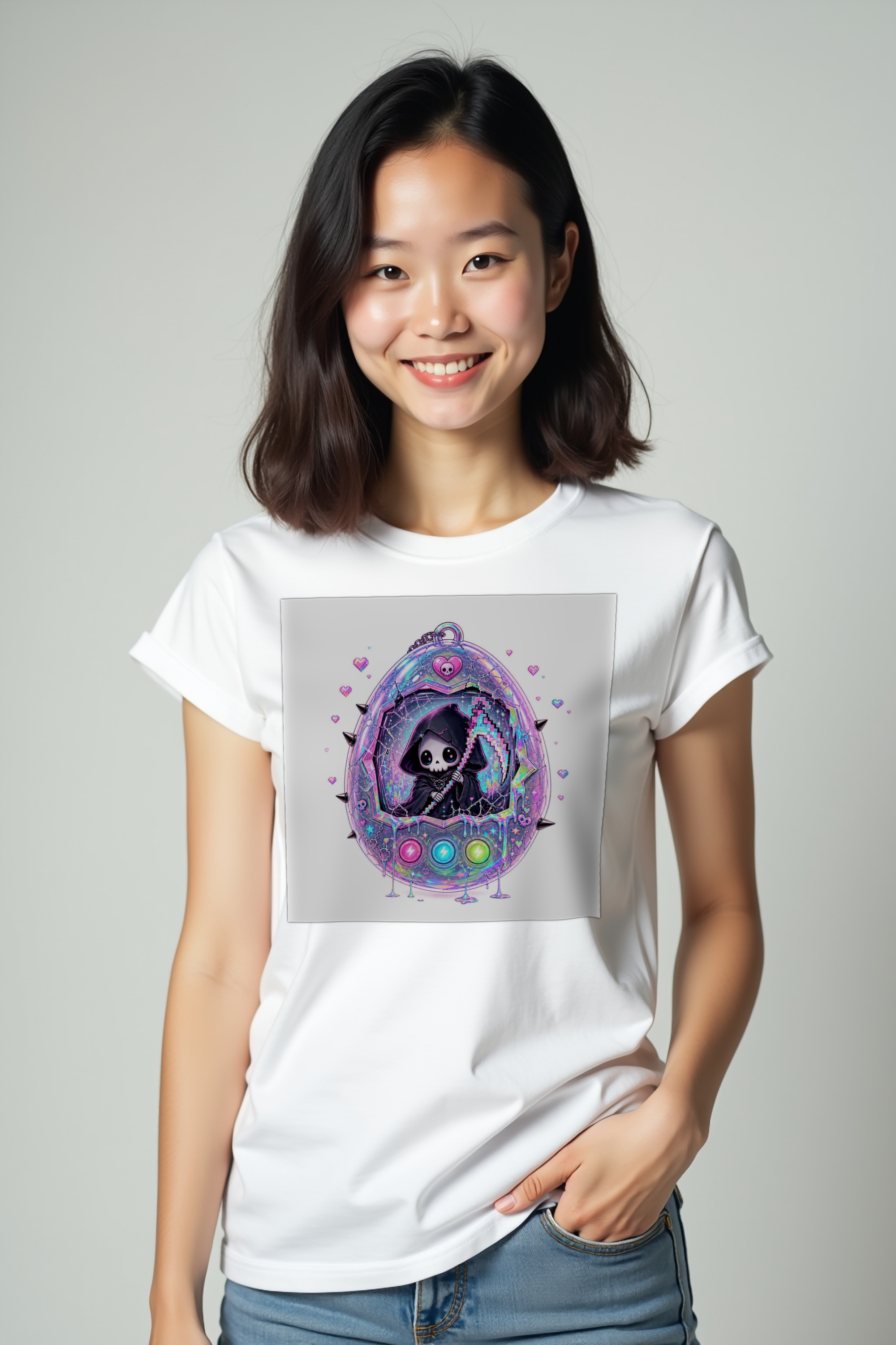 Tamagotchi Reaper tee - white mannequin hands in pockets