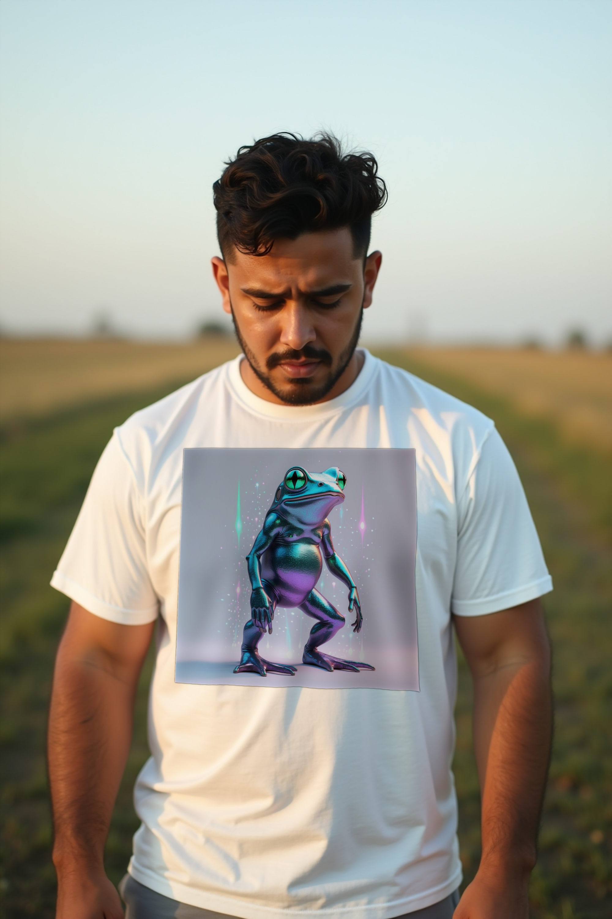 Loveland Frog Tee - white mockup, looking down front
