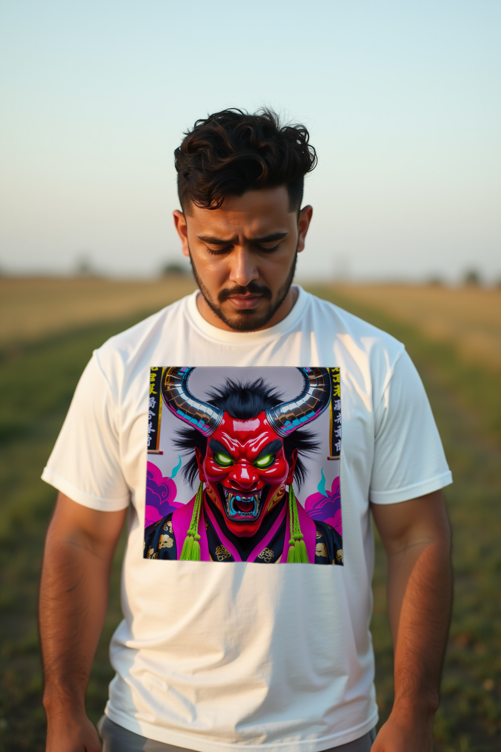 Electric Oni Mask T-Shirt White Front