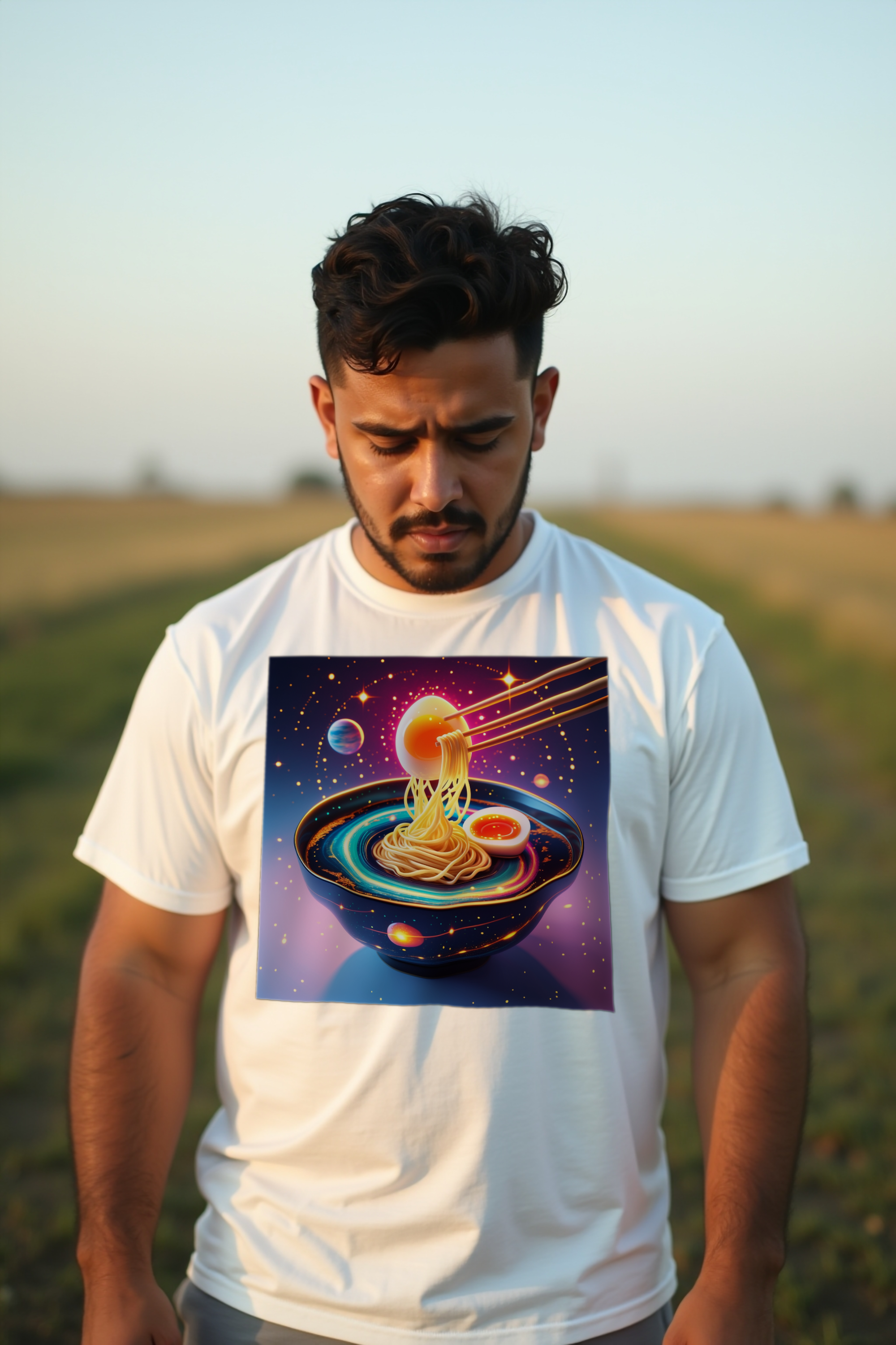 Cosmic Carbonara Tee White looking down front