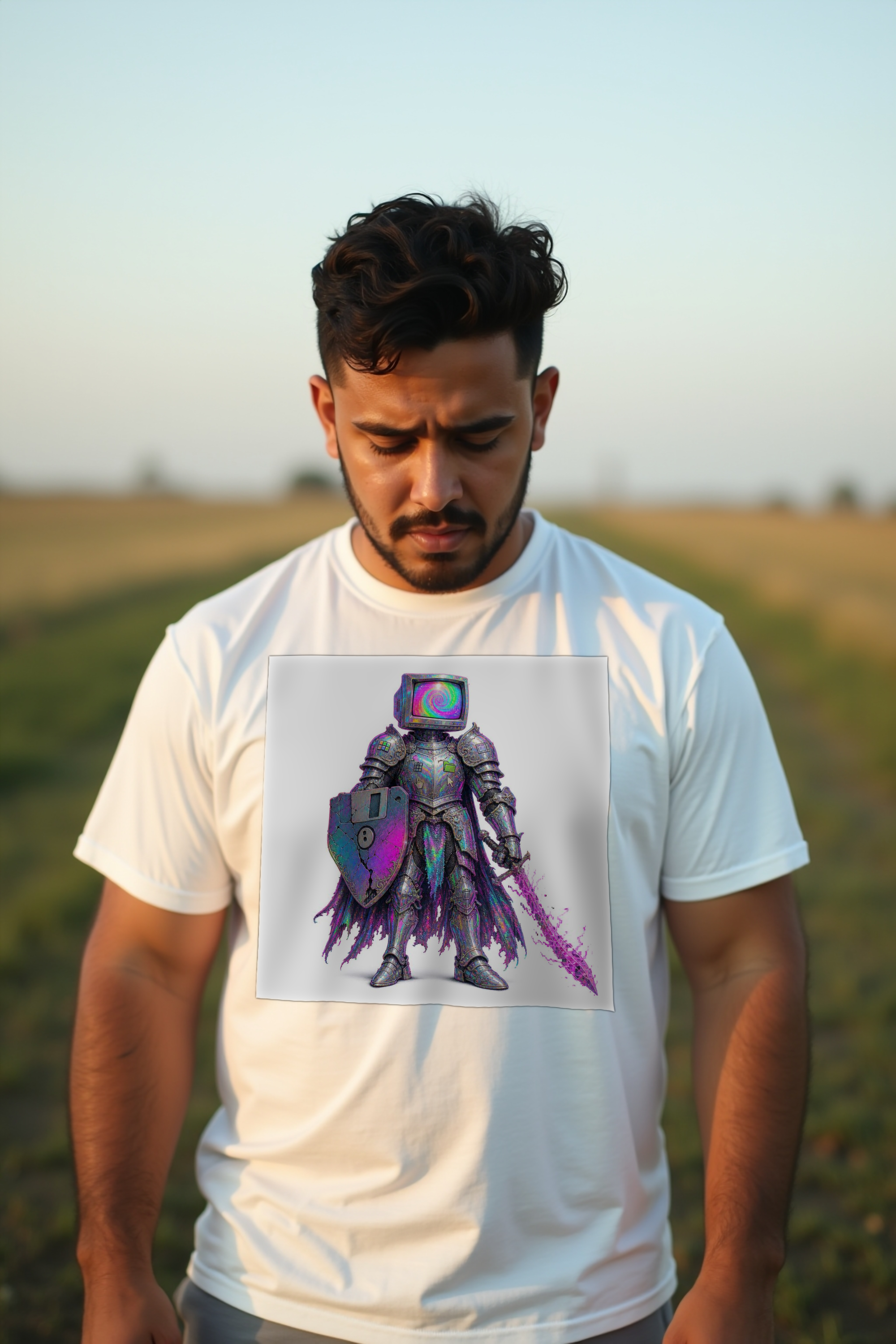 CRT-Head Knight tee - white mannequin looking down