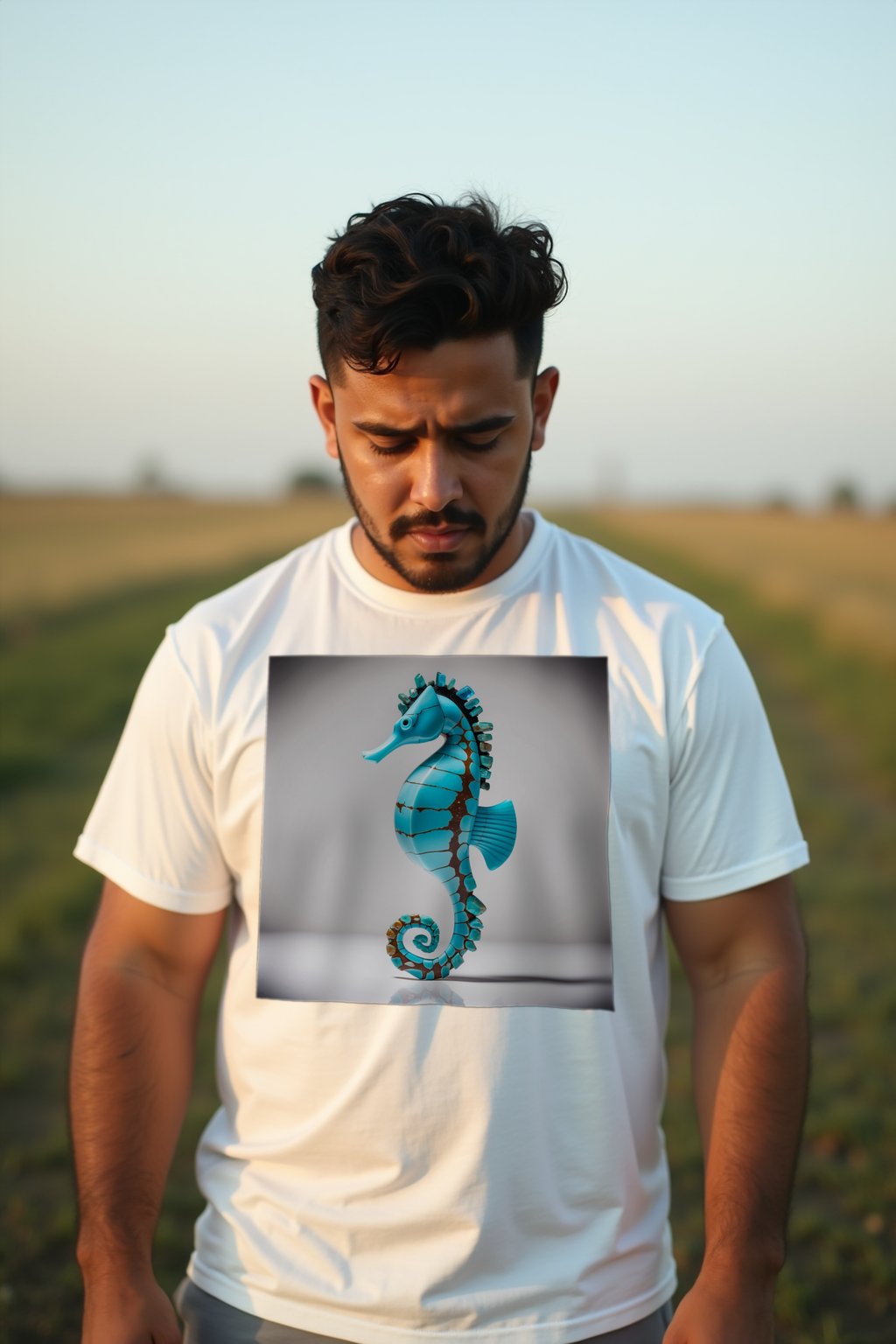 Turquoise Seahorse T-Shirt - White - Looking down