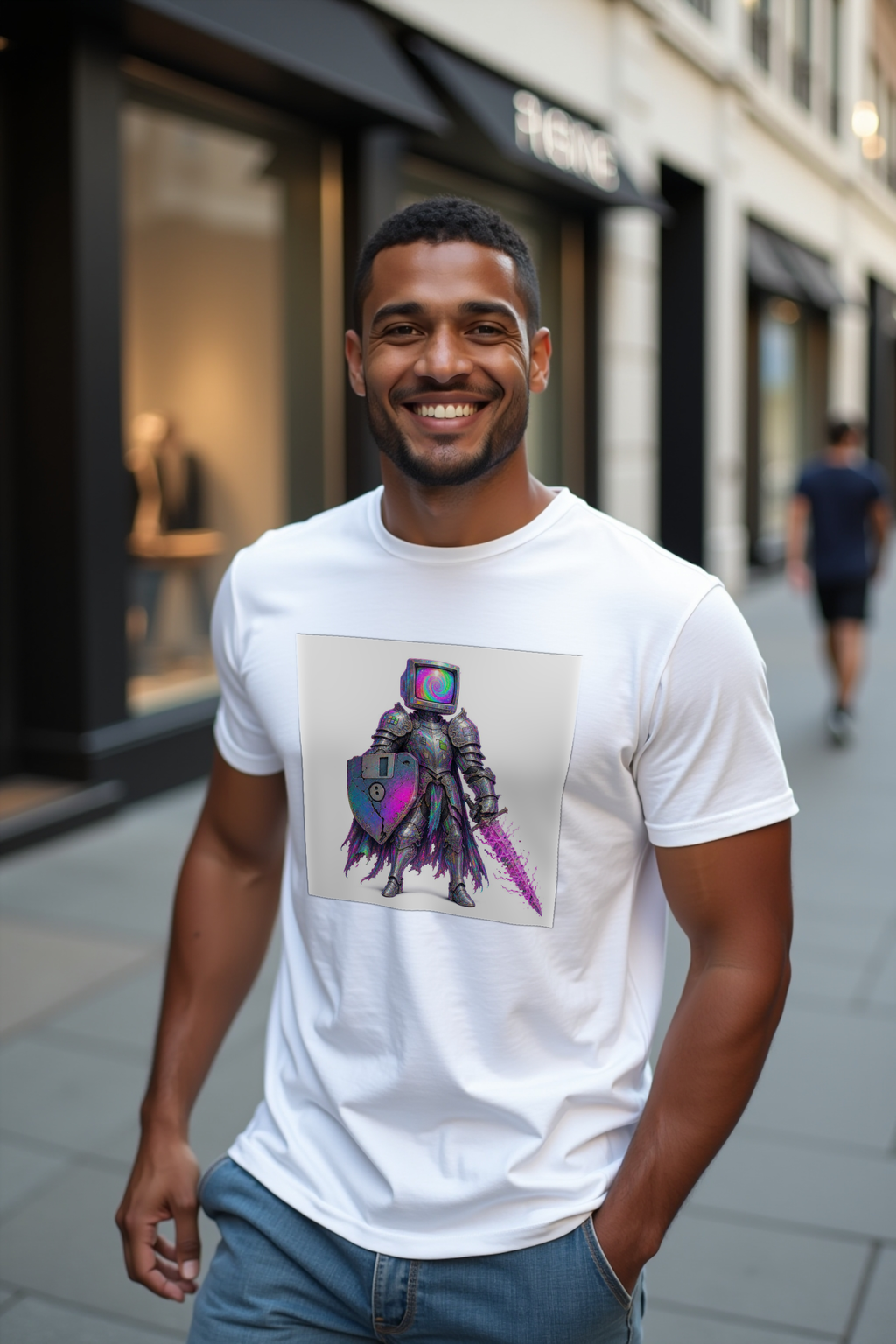 CRT-Head Knight tee - white mannequin arm raised