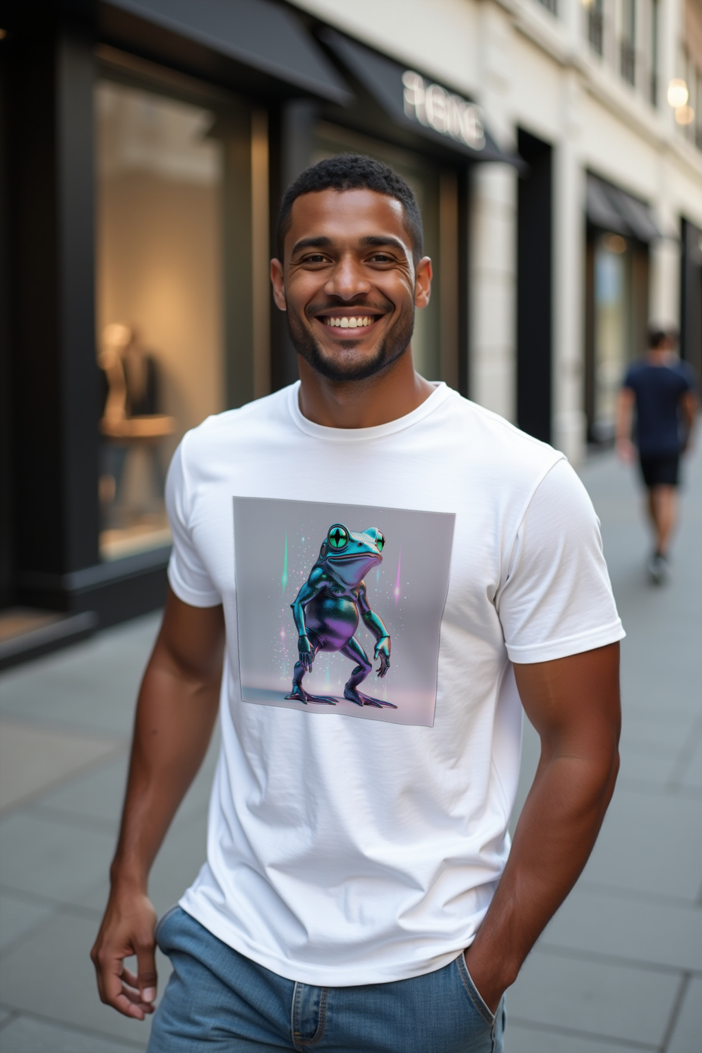 Loveland Frog Tee - white mockup, raising arm greeting front 3/4