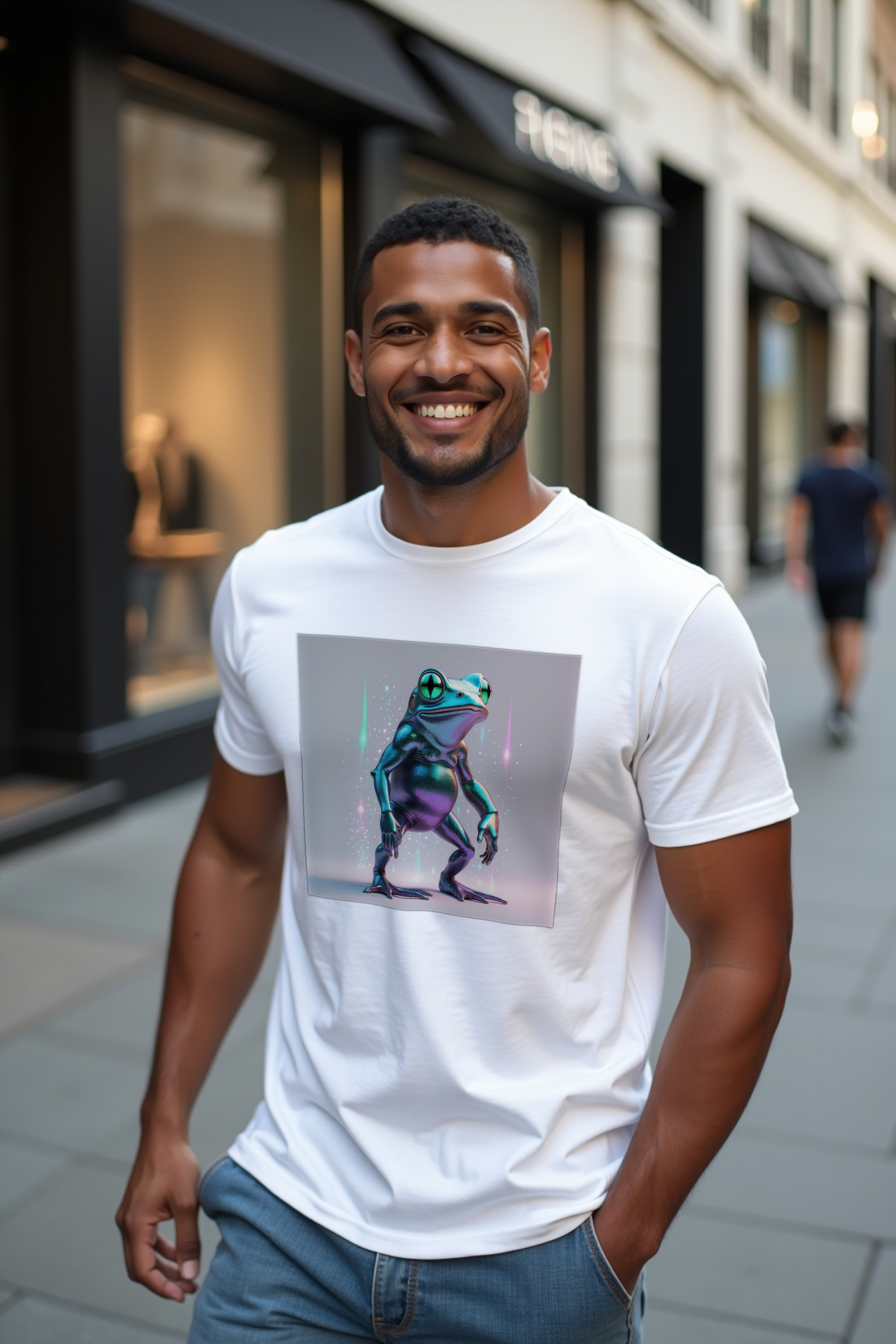 Loveland Frog Tee - white mockup, raising arm greeting front 3/4