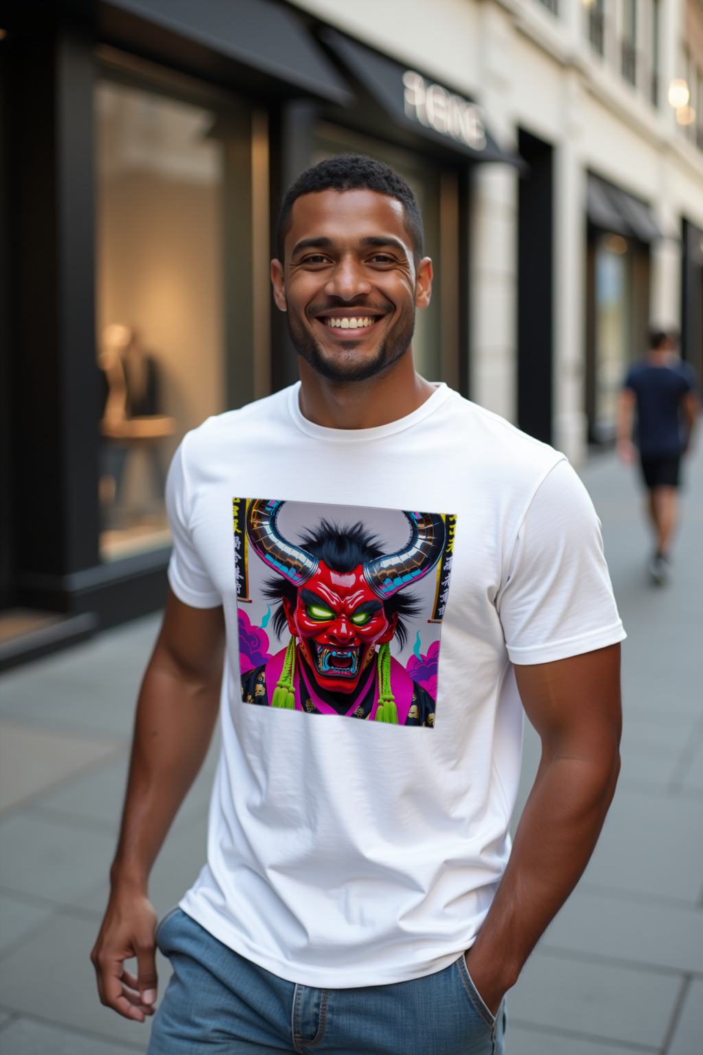 Electric Oni Mask T-Shirt White Raising Arm