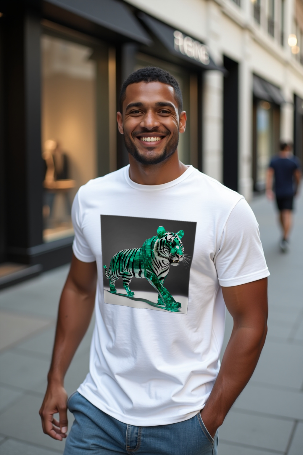 Emerald Tiger tee white raising arm