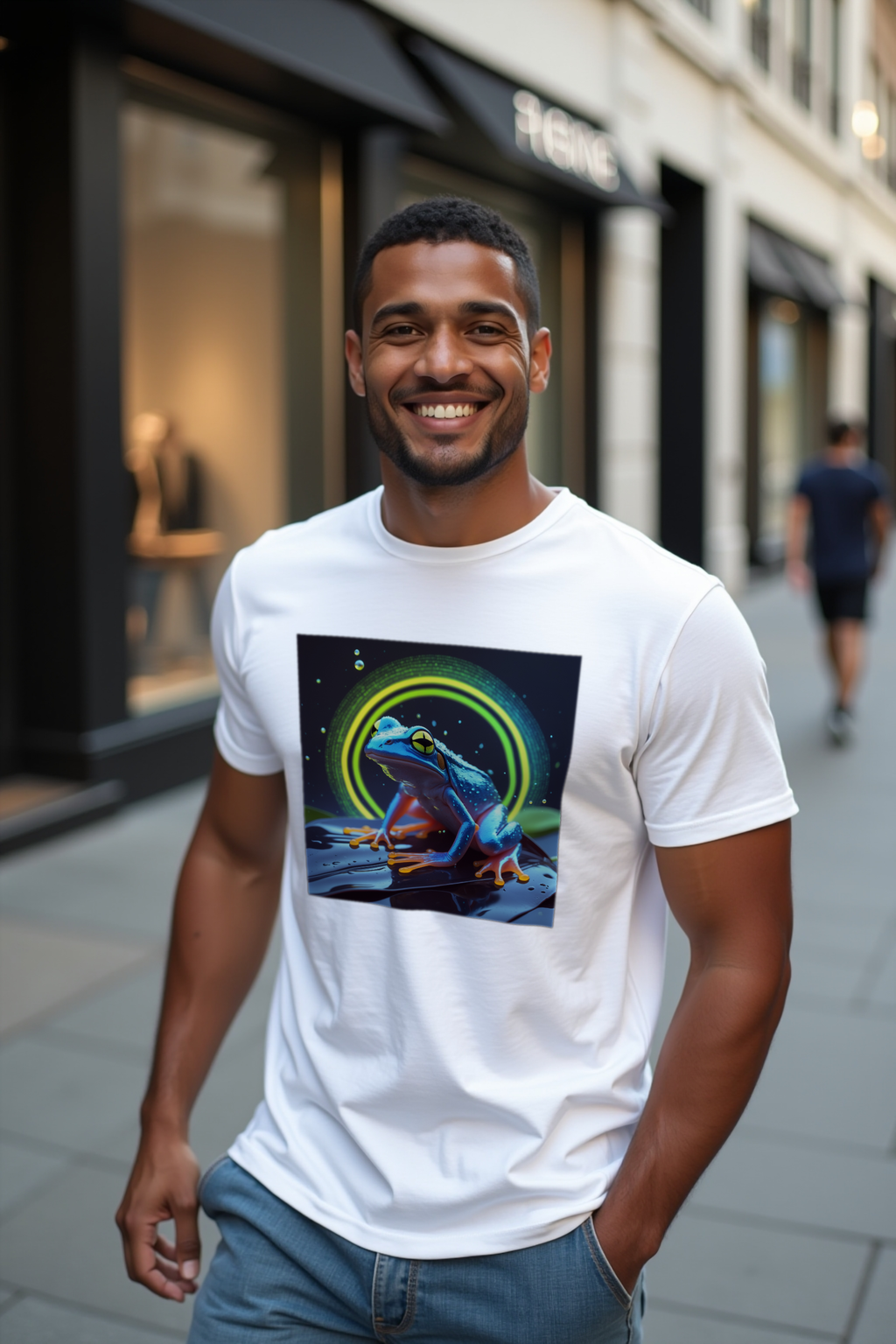 Tiny But Lethal Dart Frog tee white front raising arm