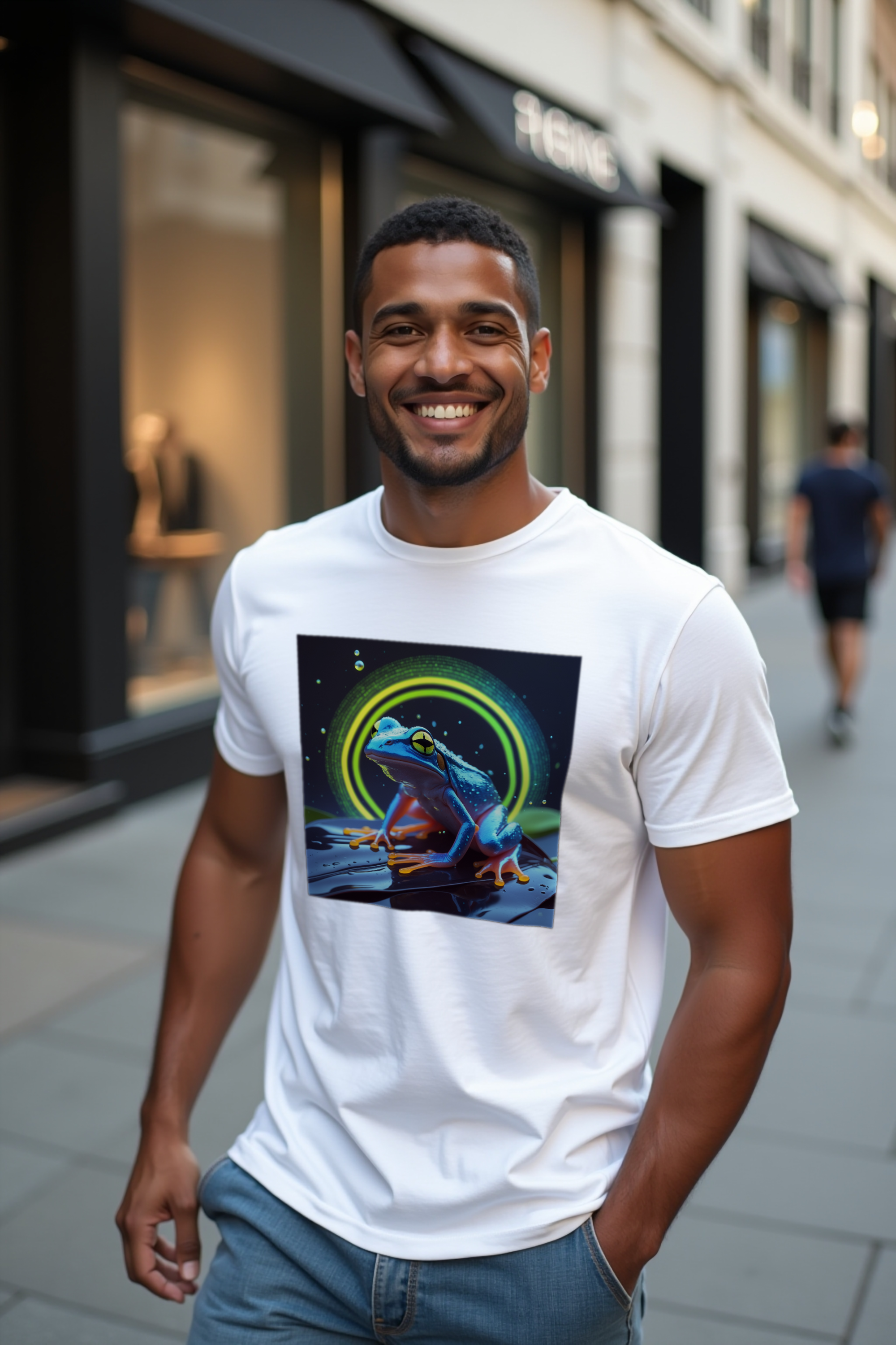 Tiny But Lethal Dart Frog tee white front raising arm