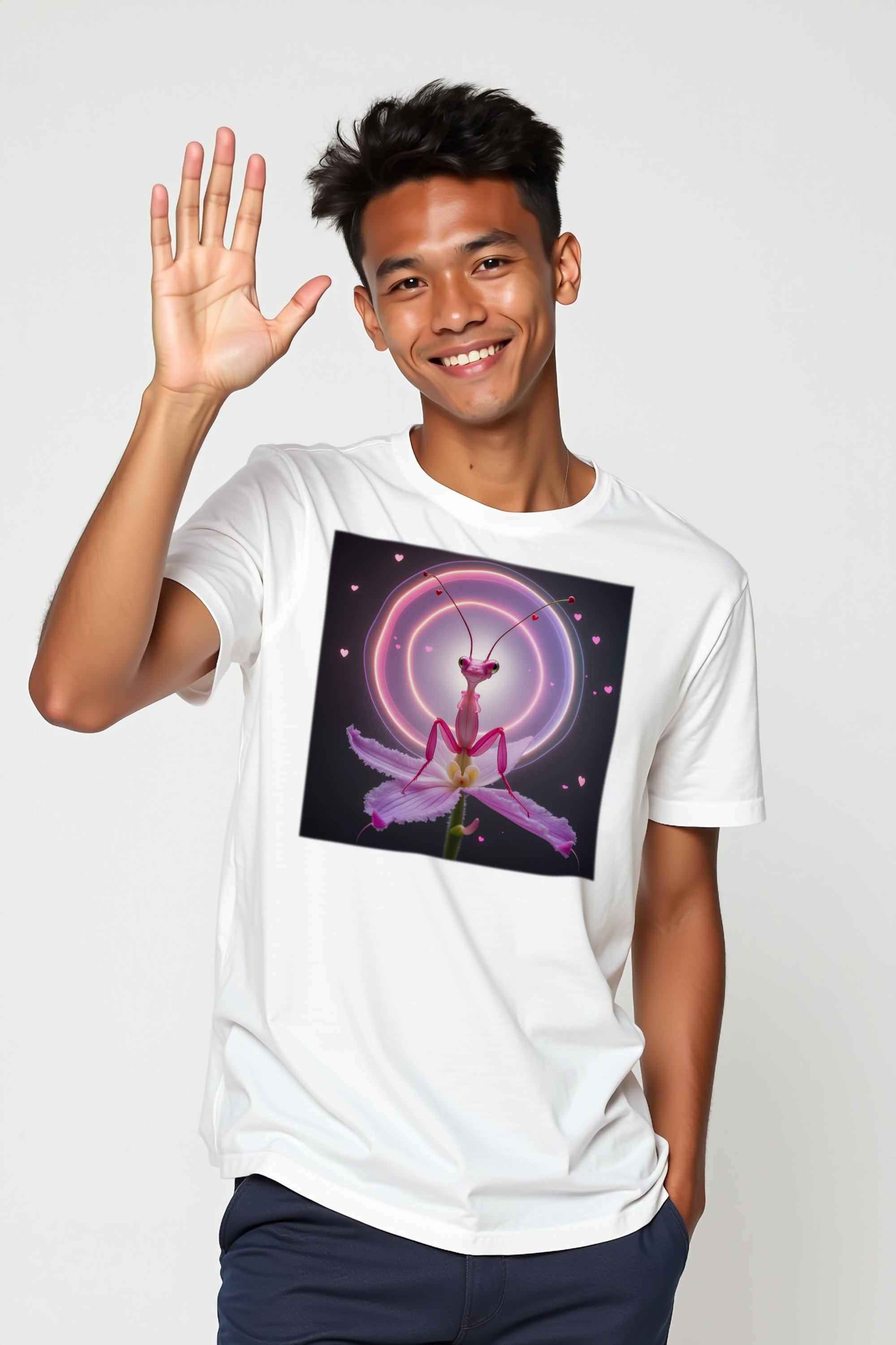Delulu Orchid Mantis t-shirt white greeting