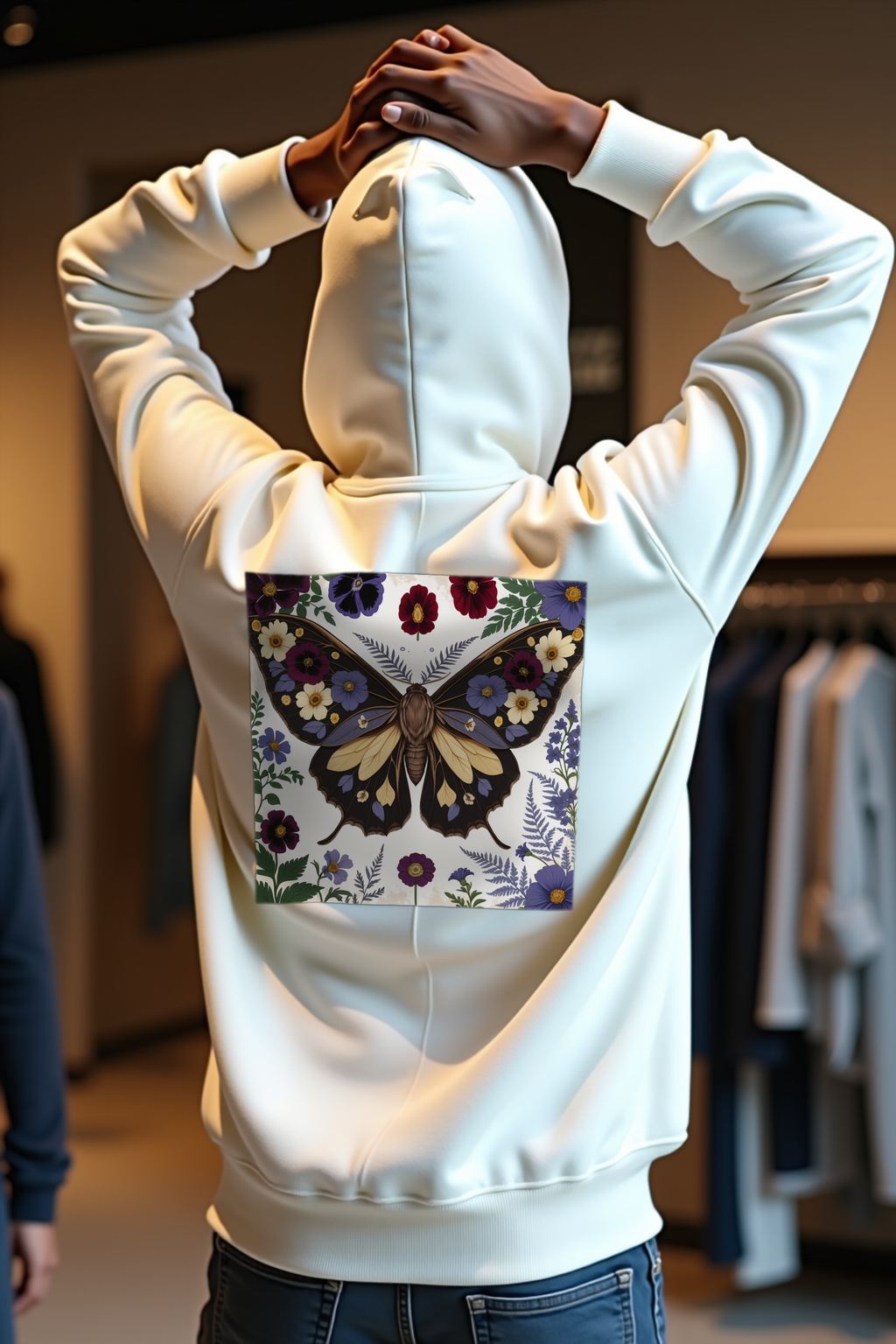 Moth Botanica hoodie white back stretching