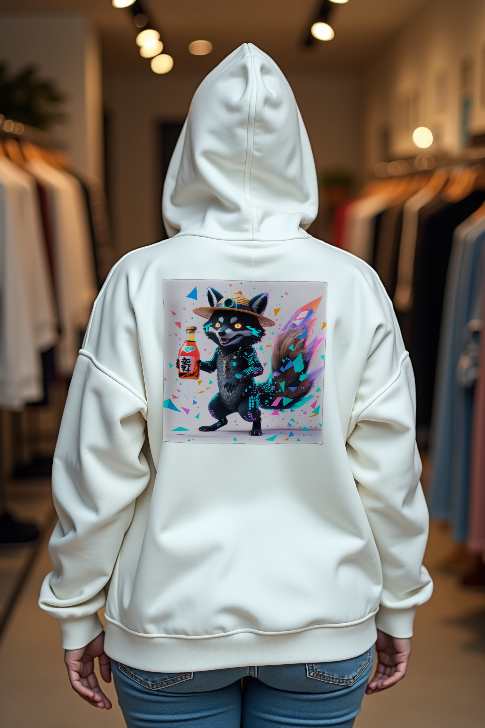 Glitch Tanuki Hoodie — white mannequin shoulder shrug