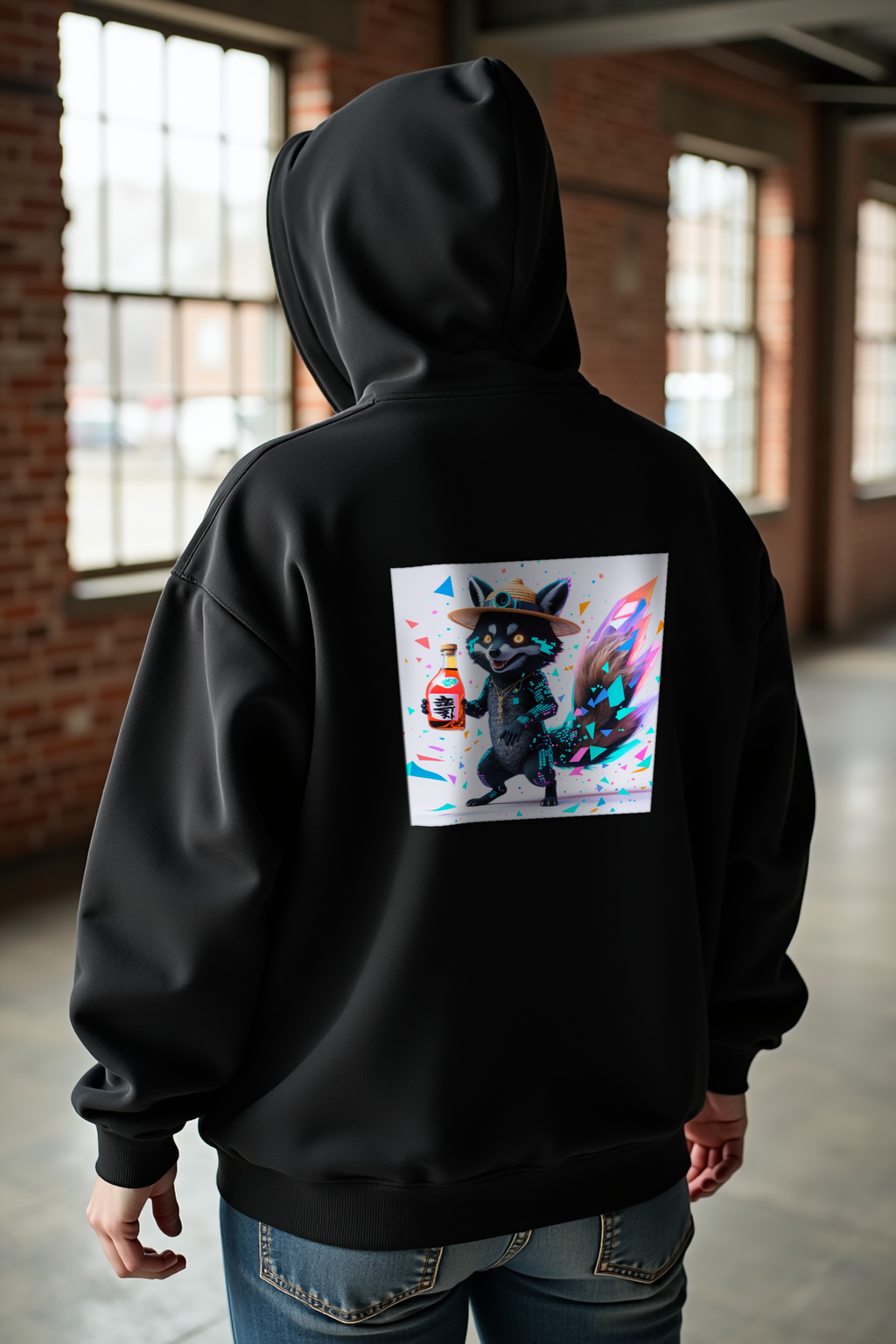 Glitch Tanuki Hoodie — black mannequin relaxed