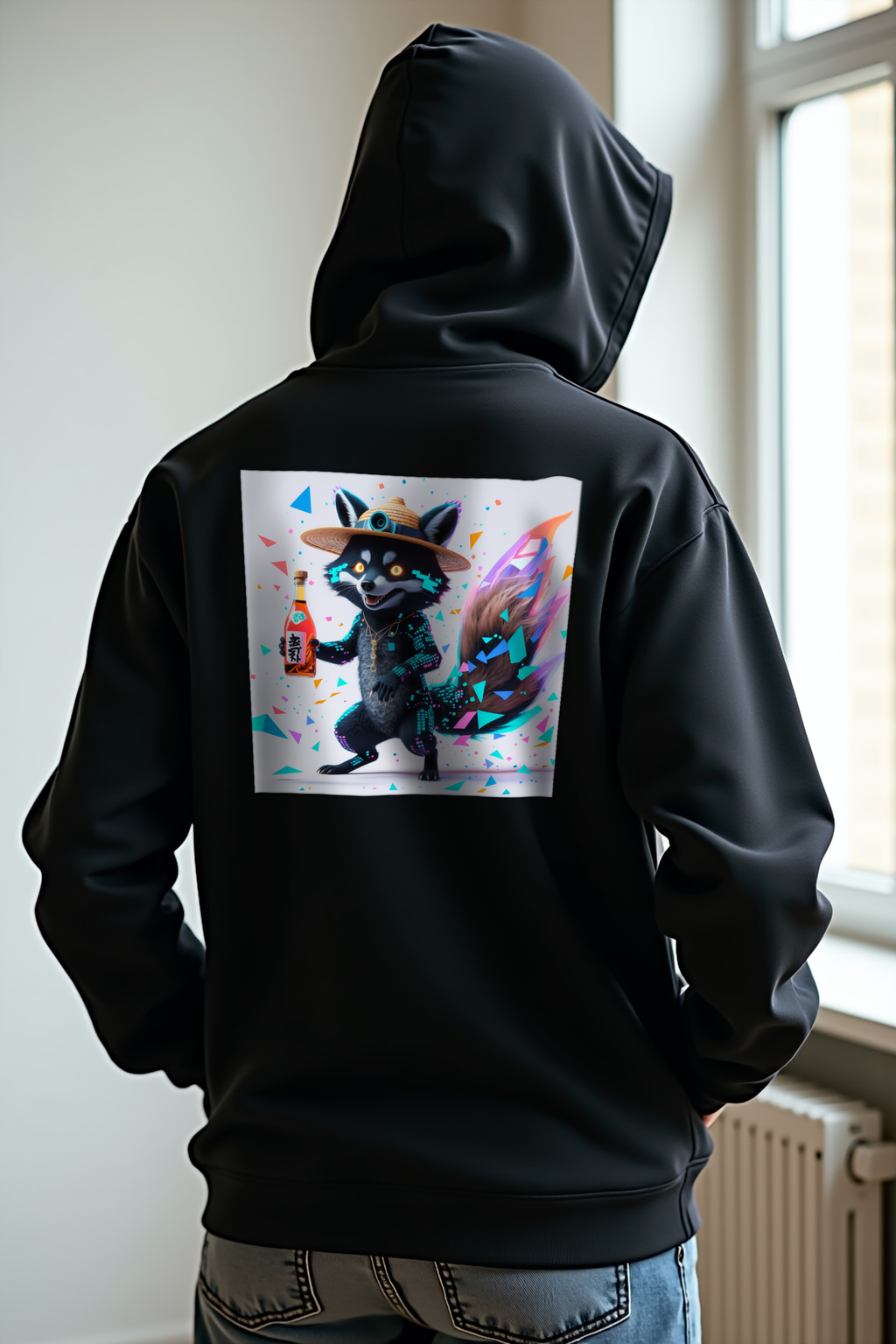 Glitch Tanuki Hoodie — black mannequin pockets