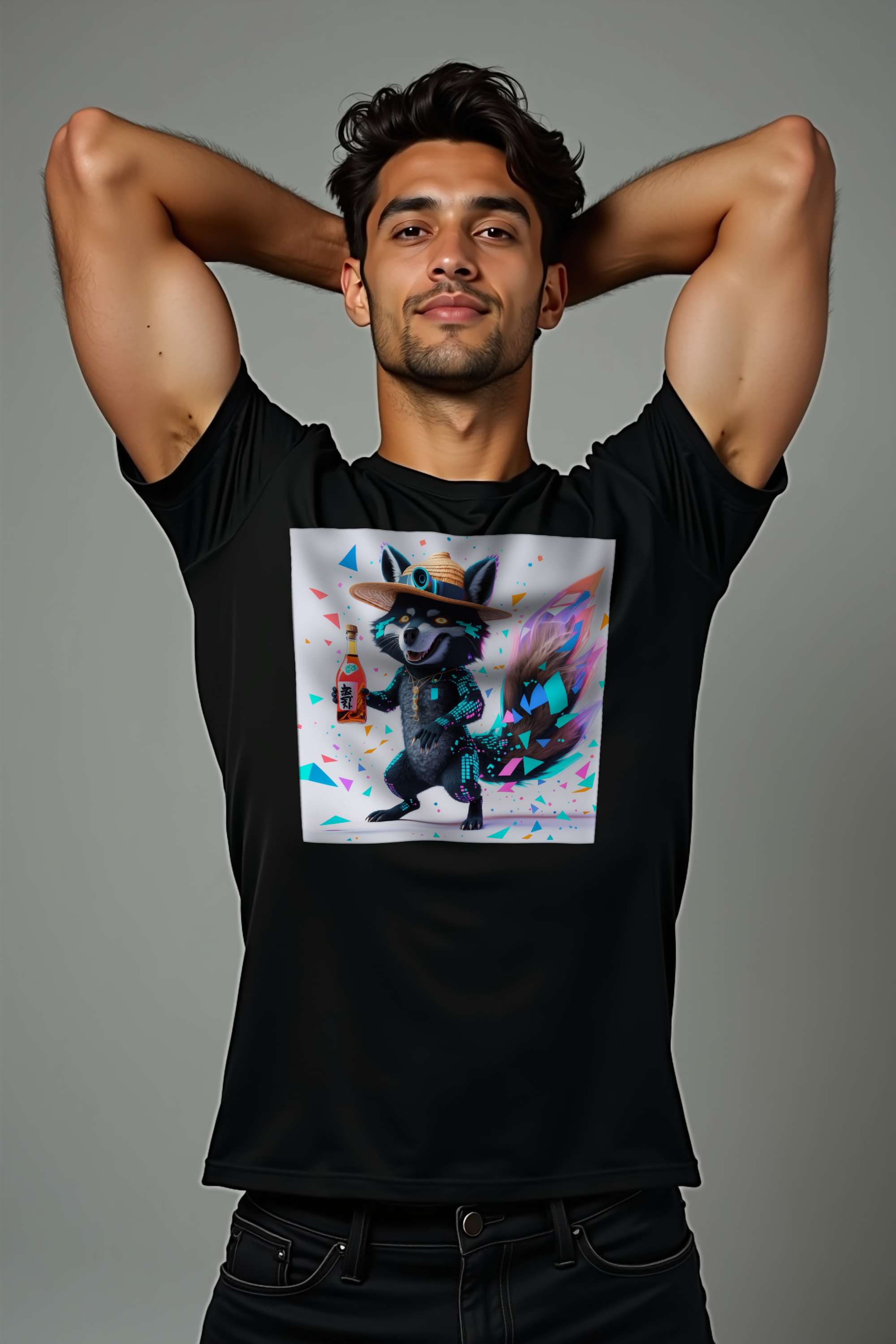 Glitch Tanuki T-Shirt — black mannequin (featured)