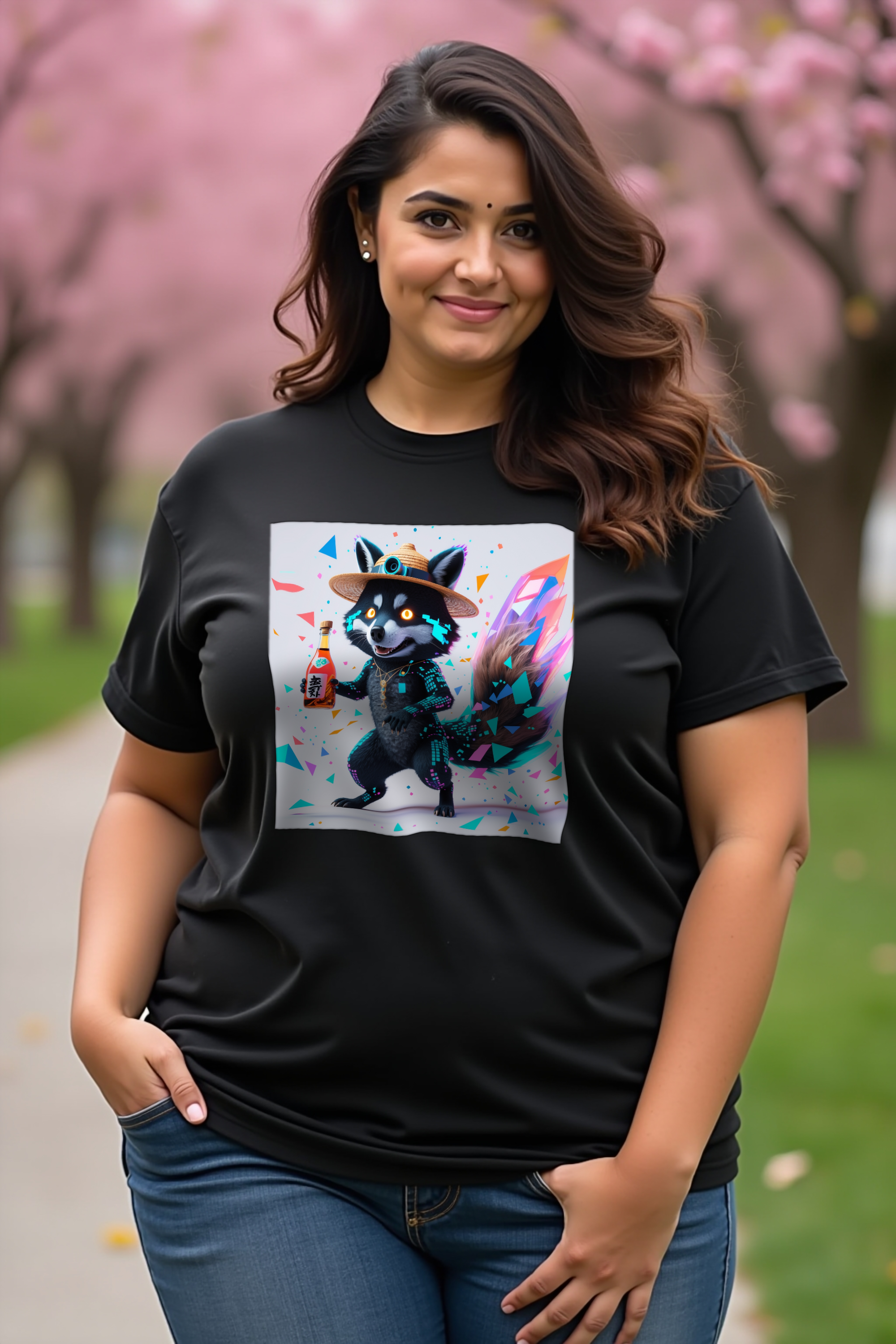 Glitch Tanuki T-Shirt — black mannequin contrapposto