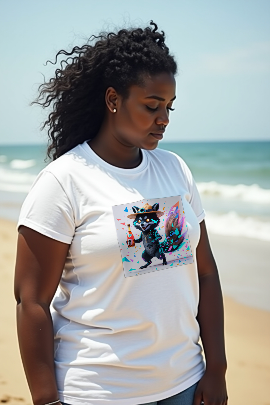 Glitch Tanuki T-Shirt — white mannequin looking down