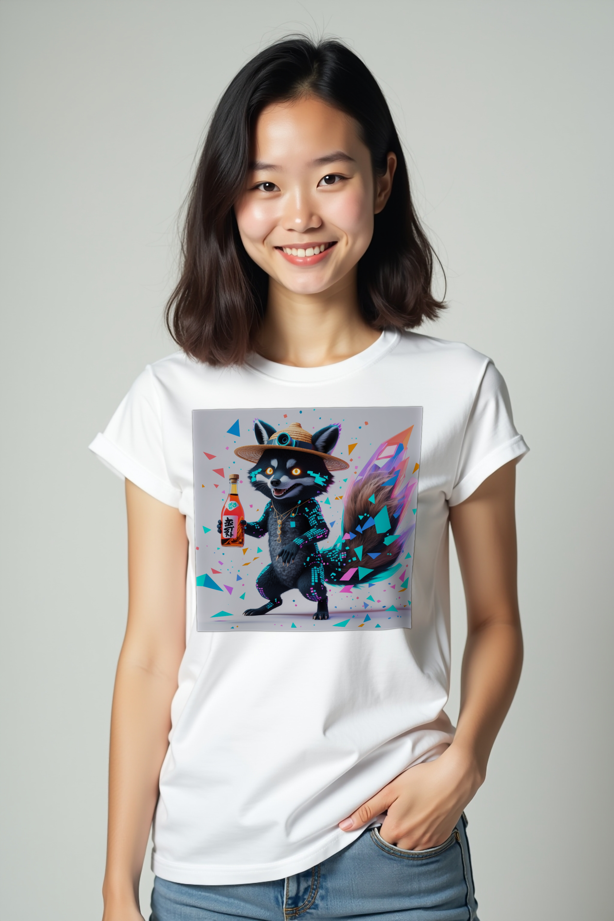 Glitch Tanuki T-Shirt — white mannequin pockets