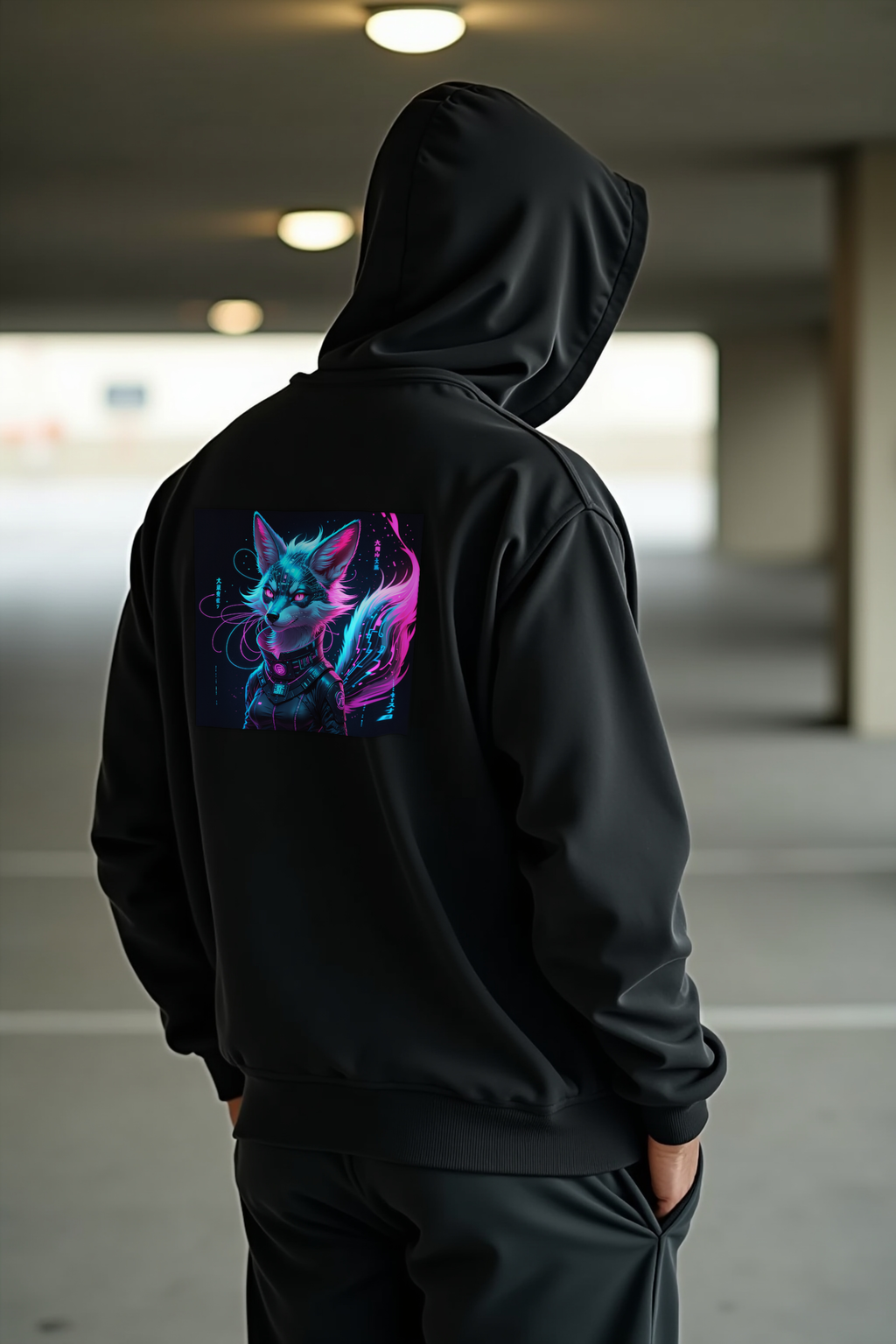 Neon Kitsune Hoodie — black mannequin (featured)