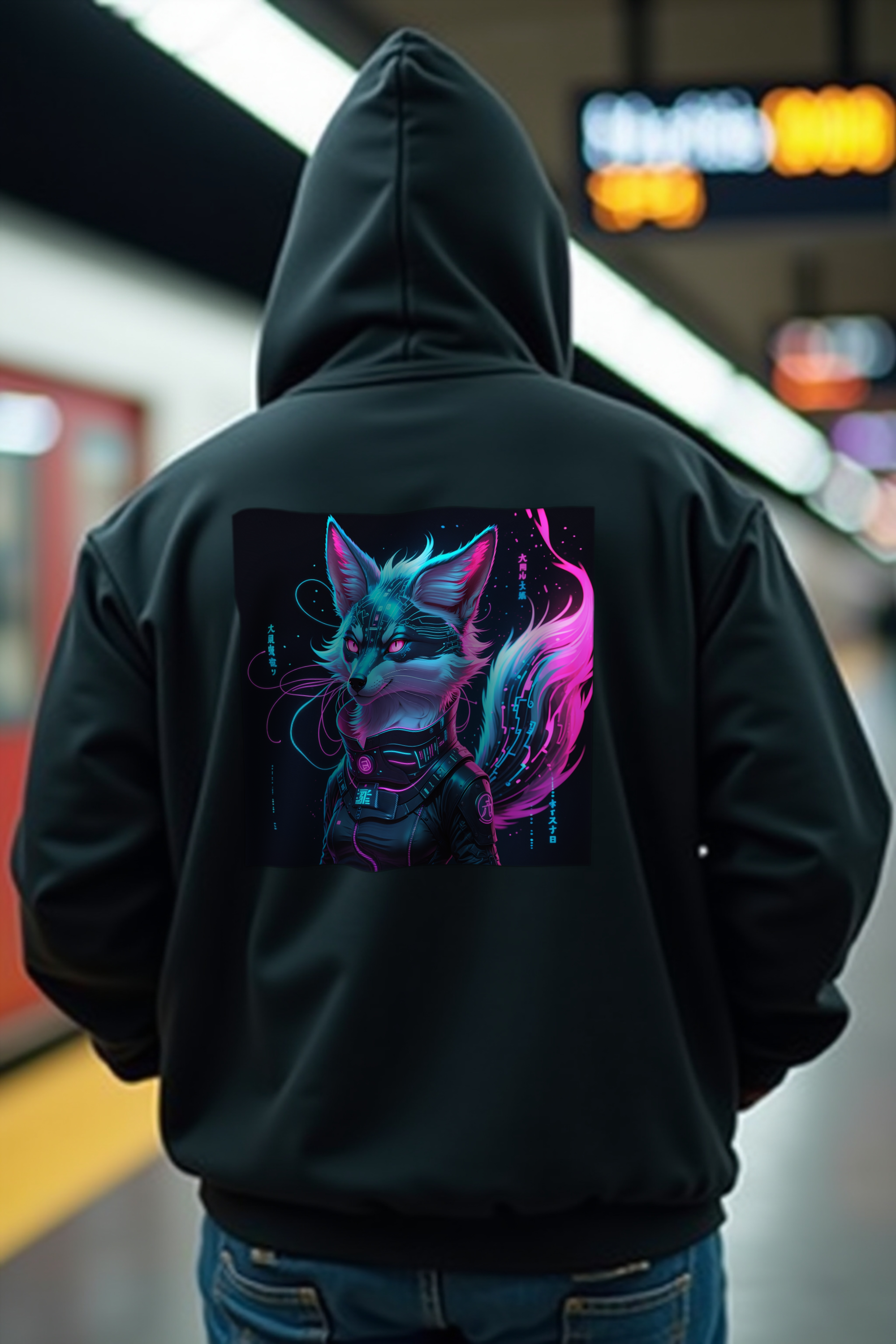 Neon Kitsune Hoodie — black mannequin shoulder shrug