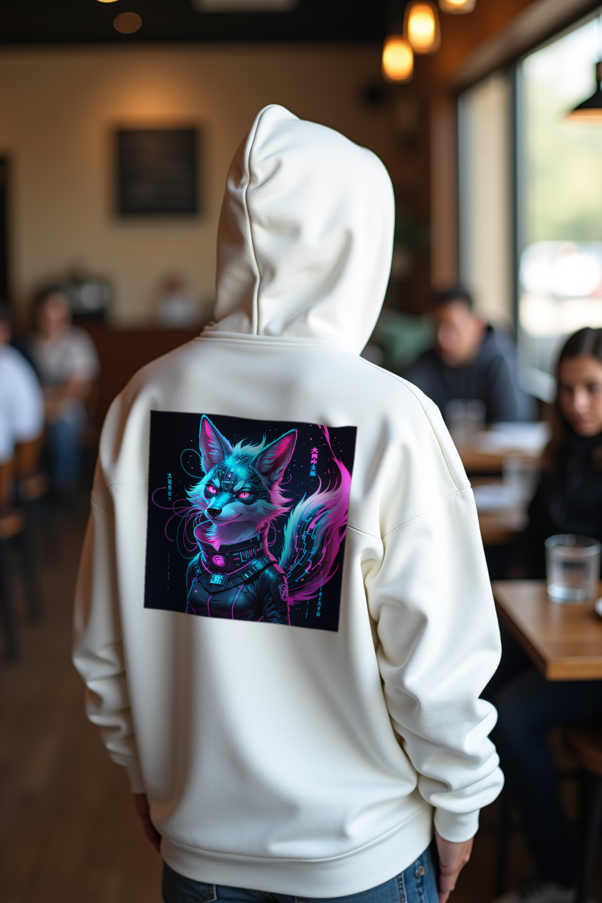 Neon Kitsune Hoodie — white mannequin looking back