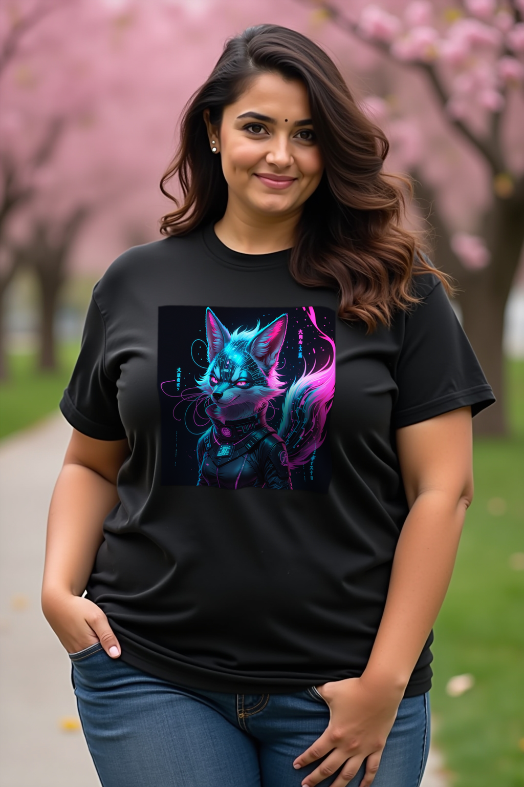 Neon Kitsune T-Shirt — black mannequin contrapposto
