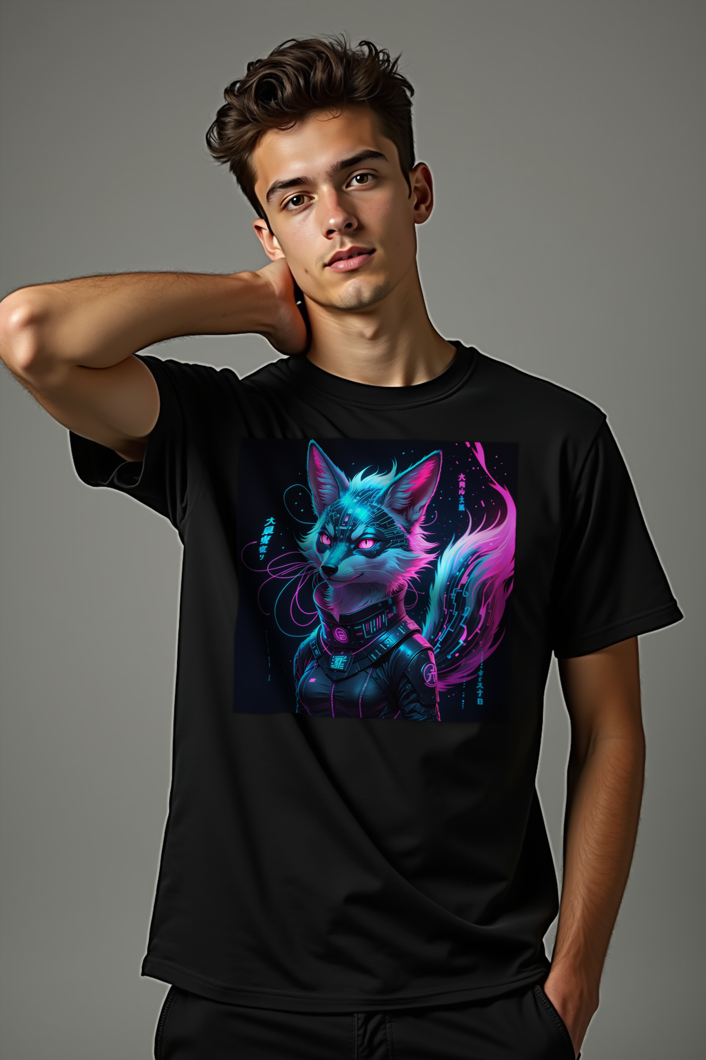 Neon Kitsune T-Shirt — black mannequin hand on neck